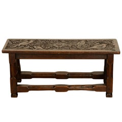 Antique English Carved Oak Arts & Crafts Hall Bench Seat 'Birds in a Tree' 1900