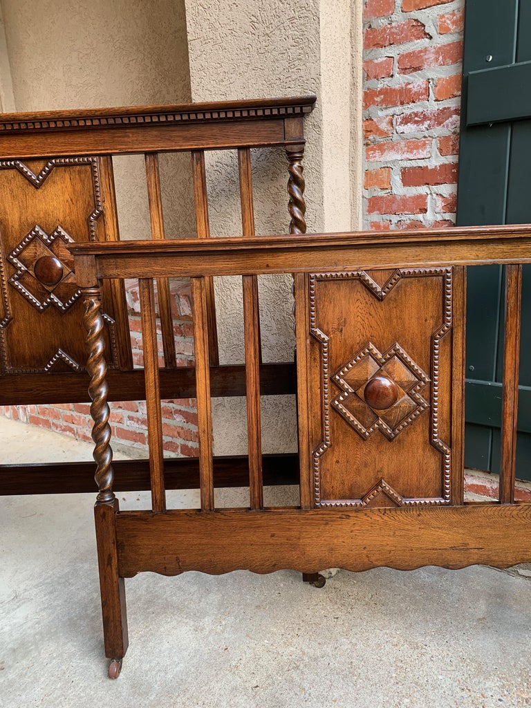Antique English Carved Oak Barley Twist Bed Headboard Footboard Arts