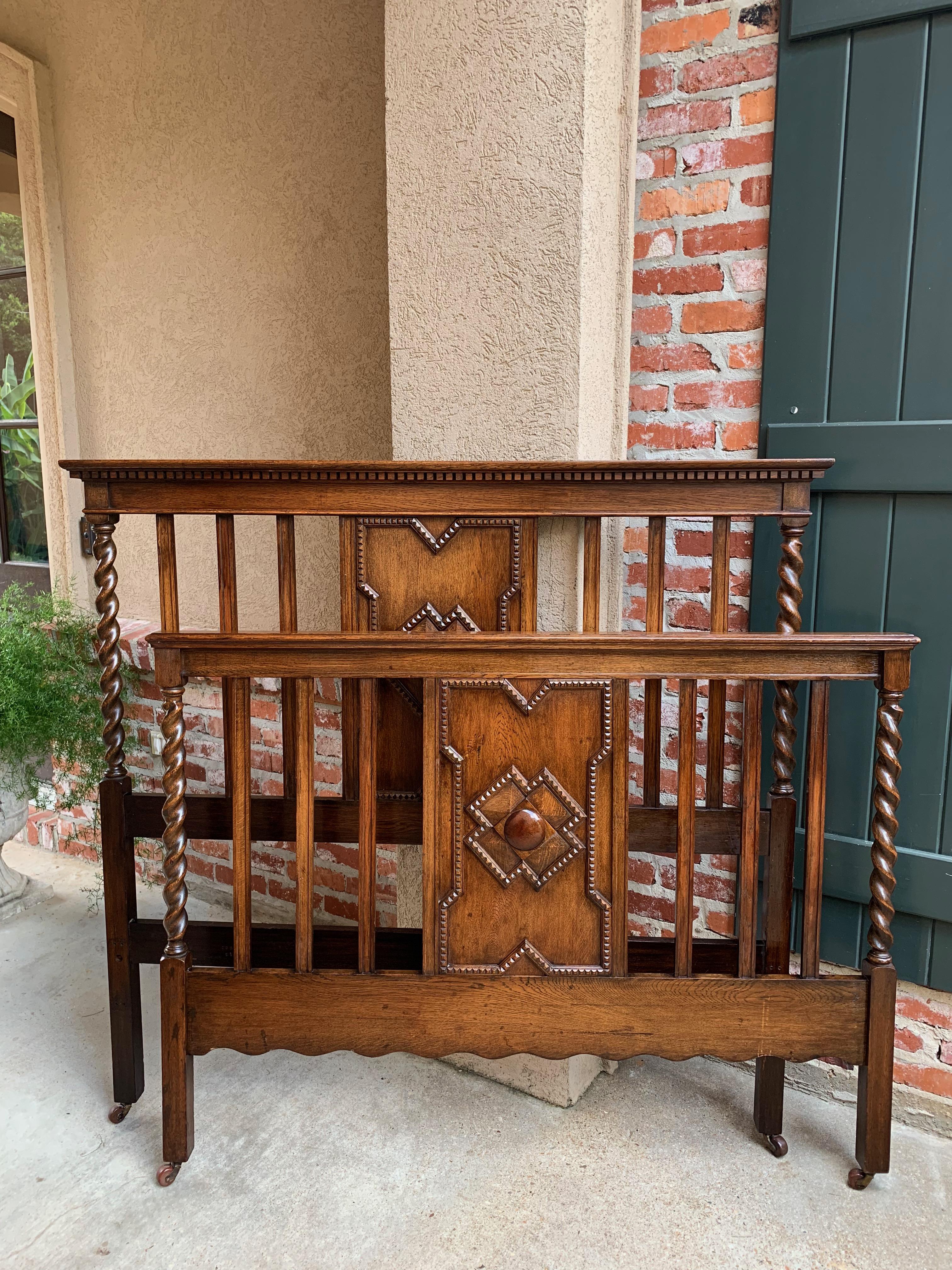 Jacobean Antique English Carved Oak Barley Twist Bed Headboard Footboard Arts & Crafts