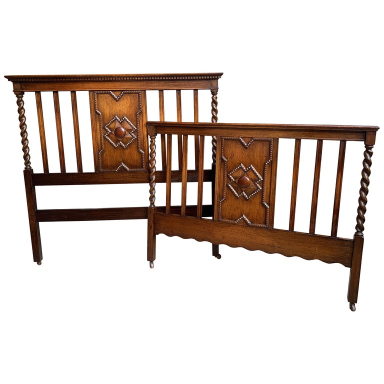 Antique English Carved Oak Barley Twist, Antique King Size Headboard And Footboard