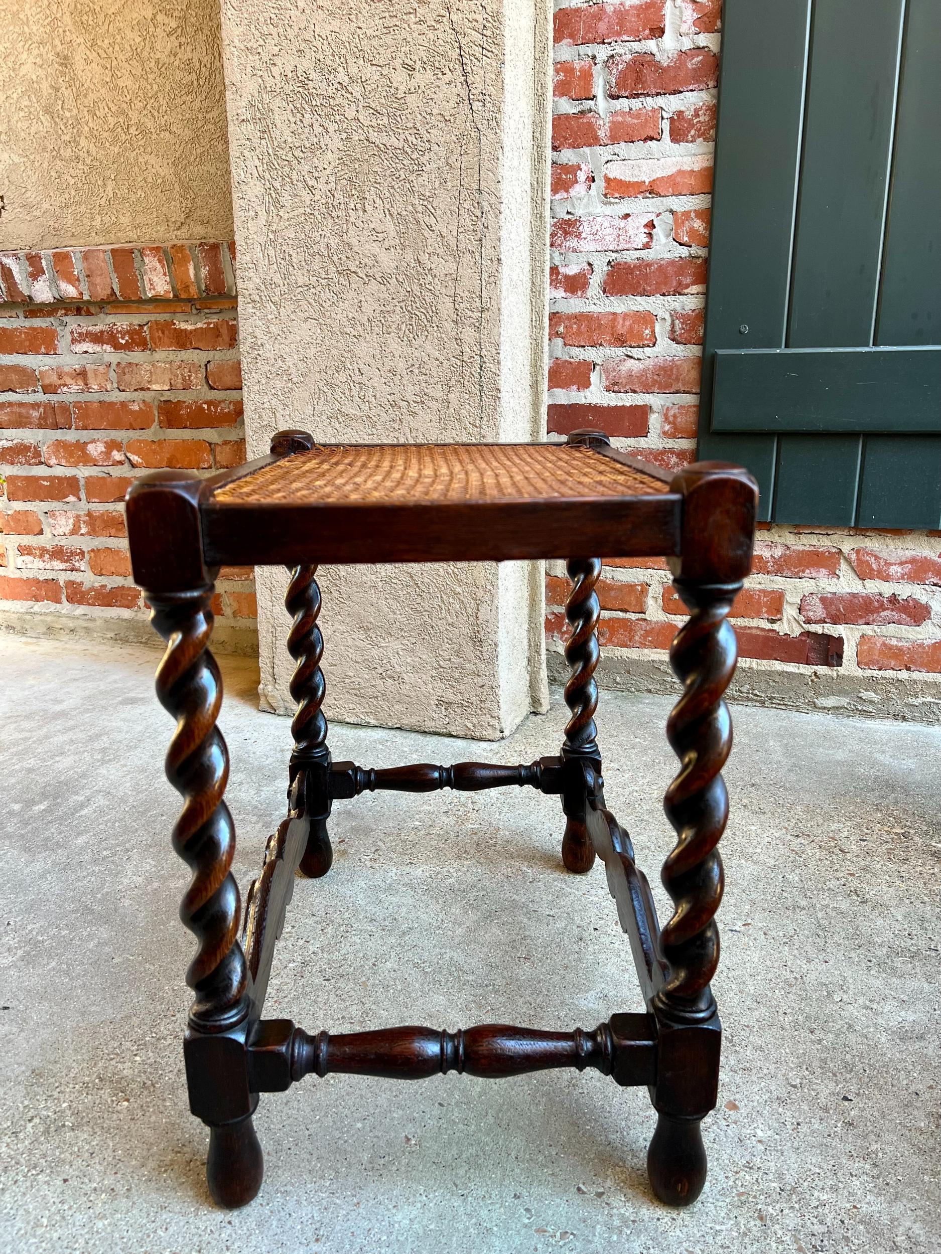 Early 20th Century Antique English Carved Oak Barley Twist Bench Stool Jacobean w Cane Top