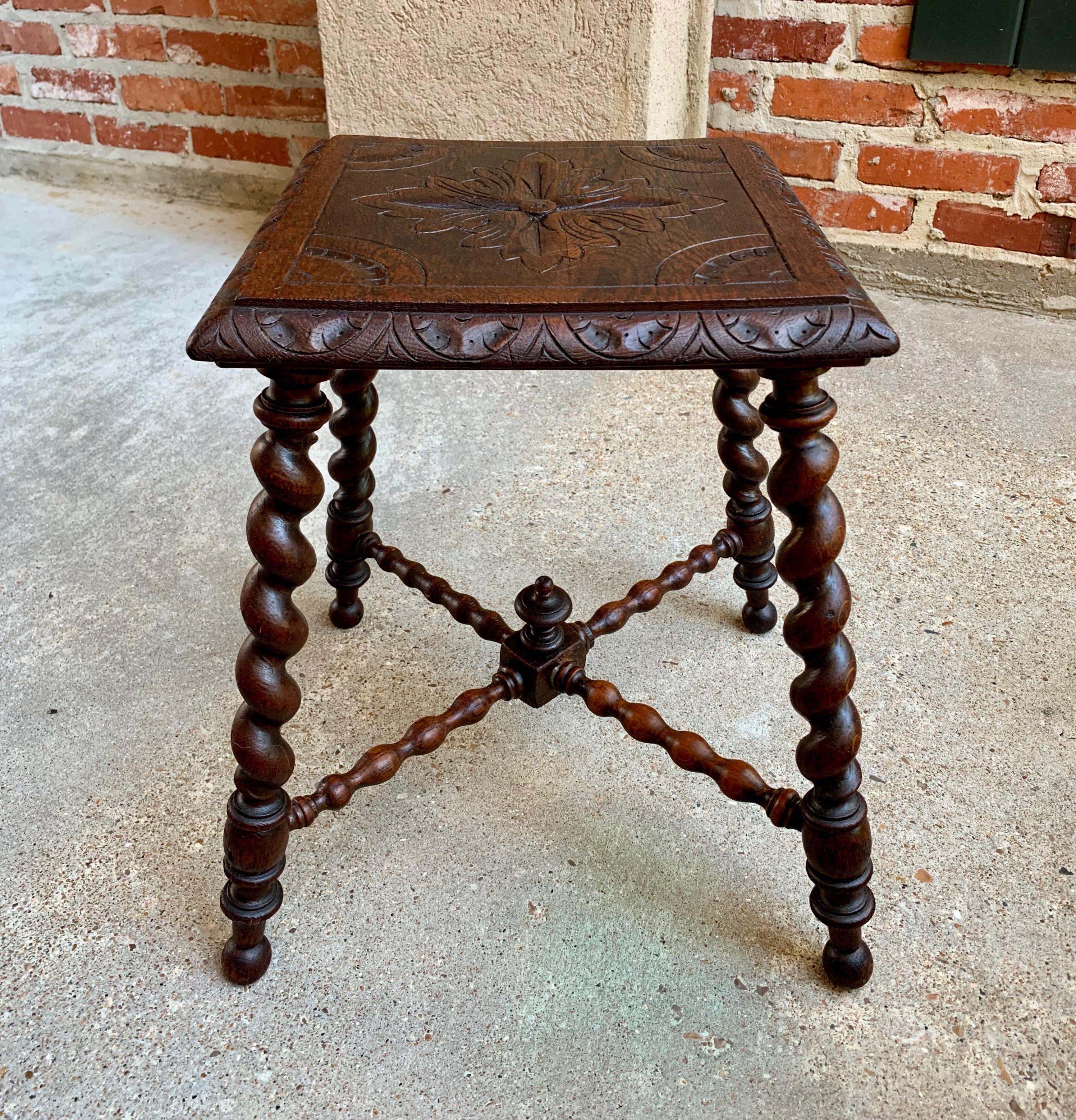 Arts and Crafts Antique English Carved Oak Barley Twist Bench Stool Kettle Stand Table