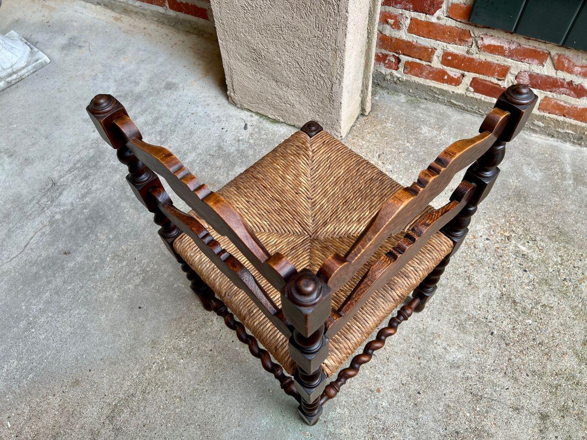 Antique English Carved Oak Barley Twist Corner Chair Rush Seat, c1900 4