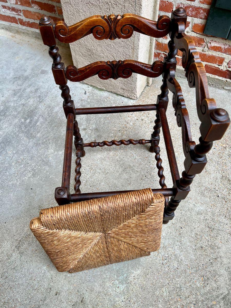 Antique English Carved Oak Barley Twist Corner Chair Rush Seat, c1900 5
