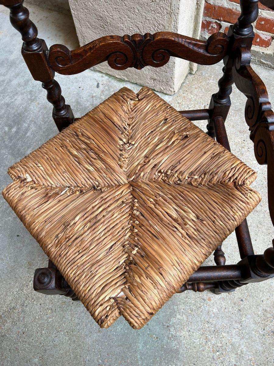 Antique English Carved Oak Barley Twist Corner Chair Rush Seat, c1900 6