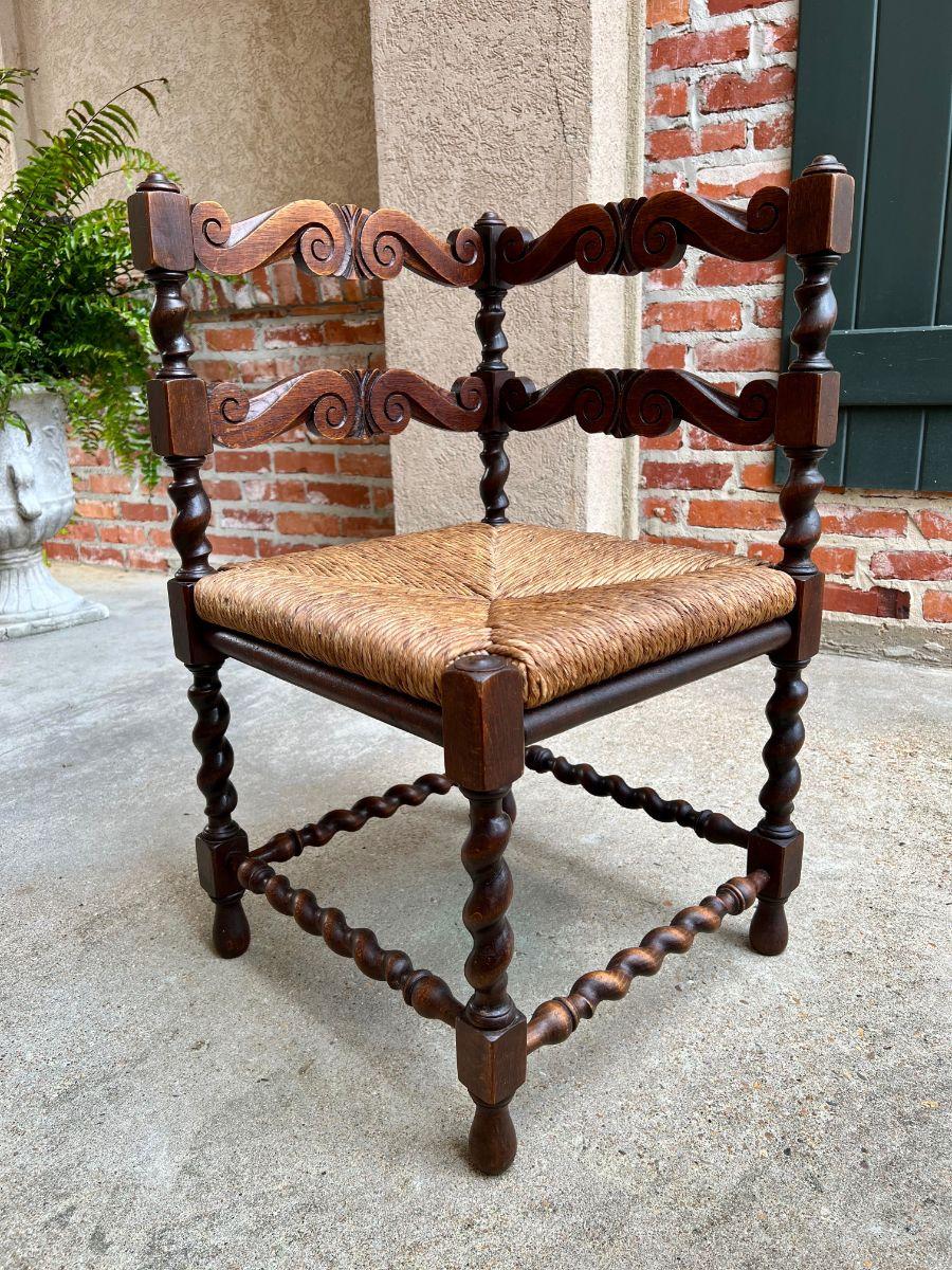 Antique English Carved Oak Barley Twist Corner Chair Rush Seat, c1900 7