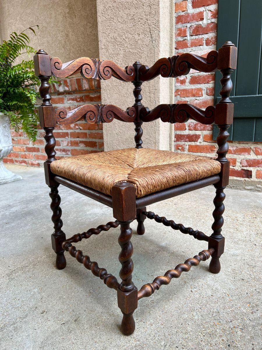 Antique English Carved Oak Barley Twist Corner Chair Rush Seat, c1900 8