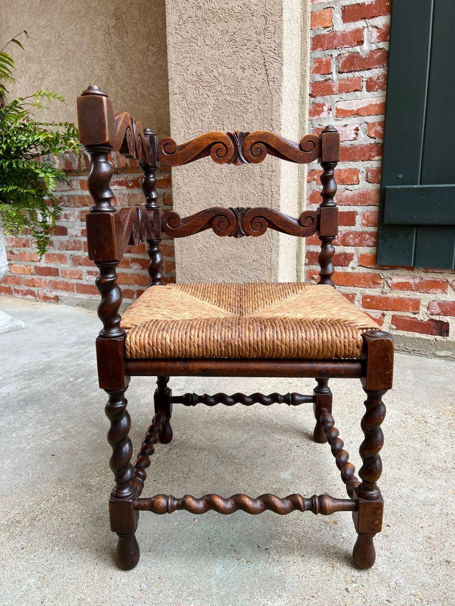 Antique English Carved Oak Barley Twist Corner Chair Rush Seat, c1900 9