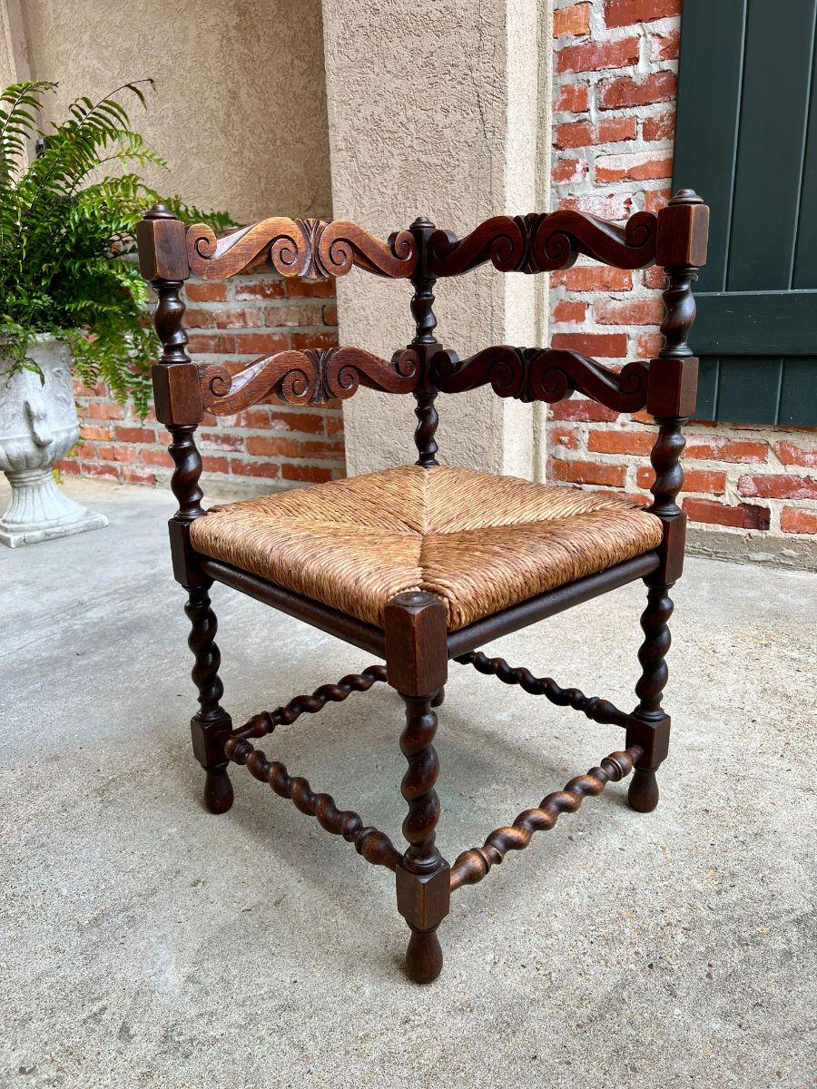 Antique English Carved Oak Barley Twist Corner Chair Rush Seat, c1900 12