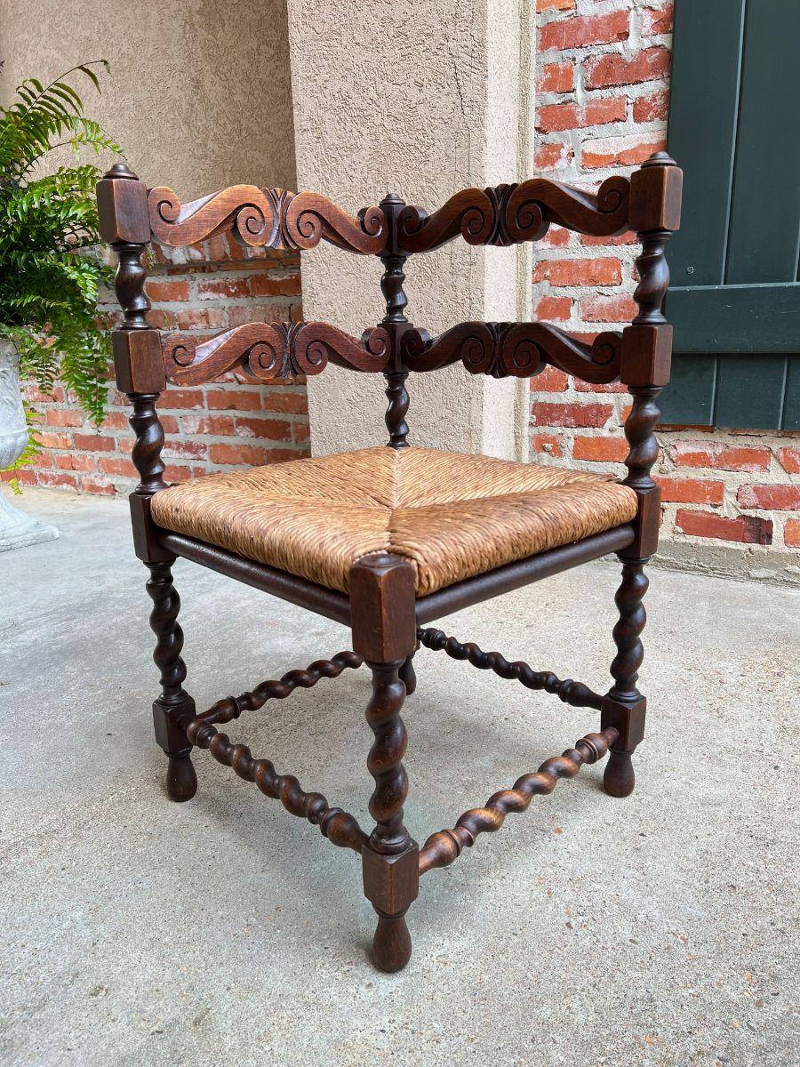 Antique English Carved Oak Barley Twist Corner Chair Rush Seat, c1900 13
