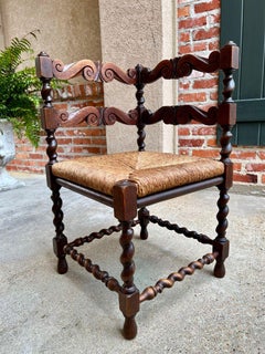 Antique English Carved Oak Barley Twist Corner Chair Rush Seat, c1900