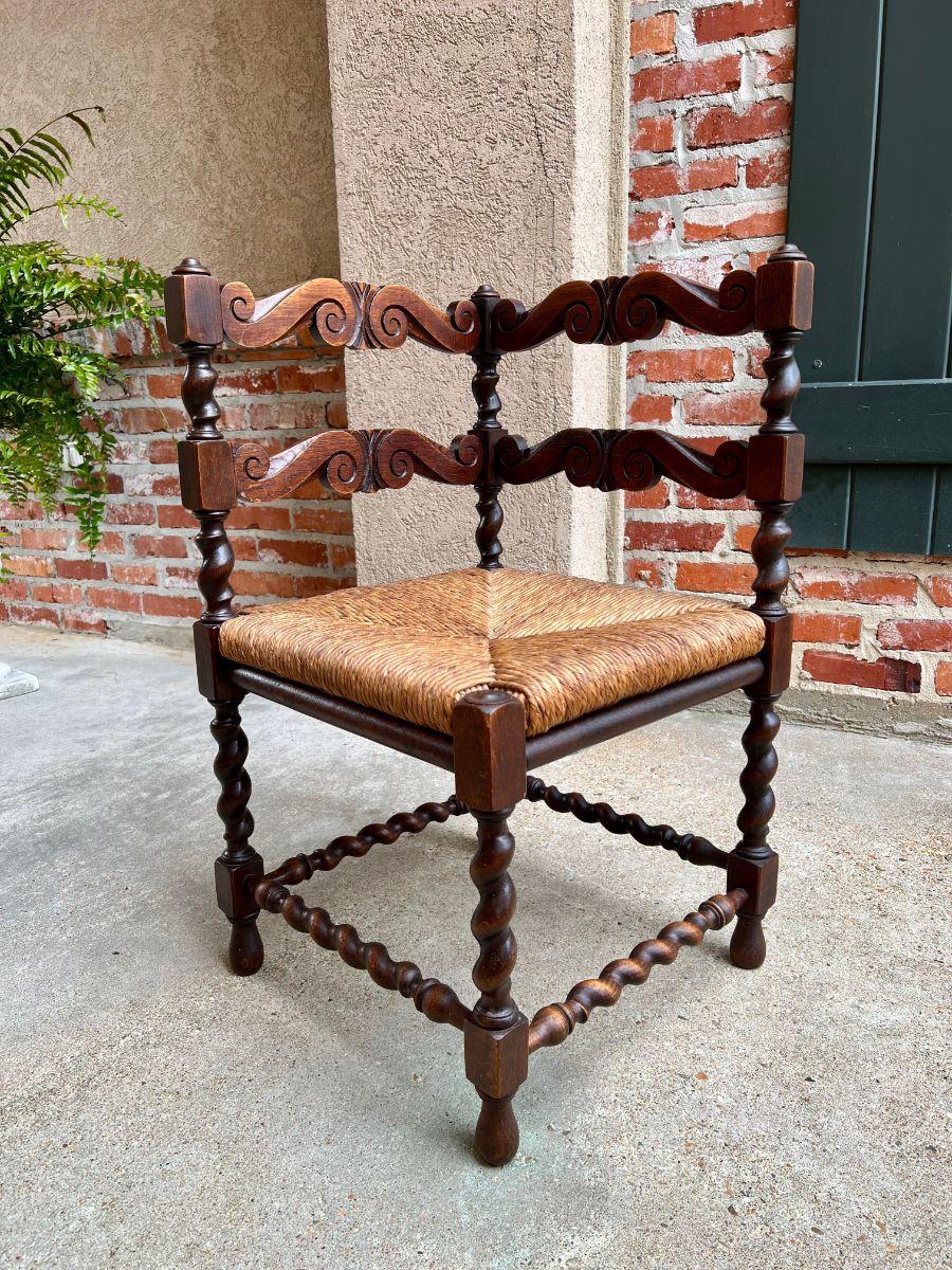 Antique English Carved Oak Barley Twist Corner Chair Rush Seat, c1900 14