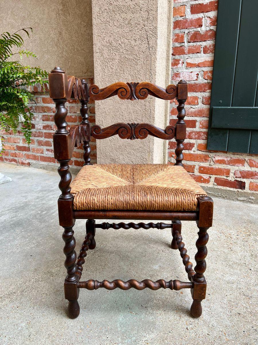 Jacobean Antique English Carved Oak Barley Twist Corner Chair Rush Seat, c1900