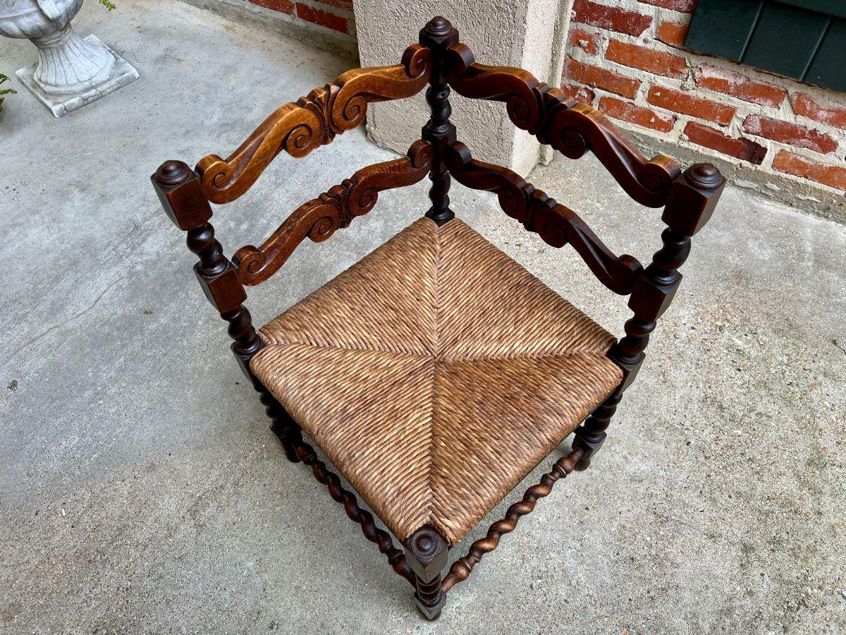 Turned Antique English Carved Oak Barley Twist Corner Chair Rush Seat, c1900