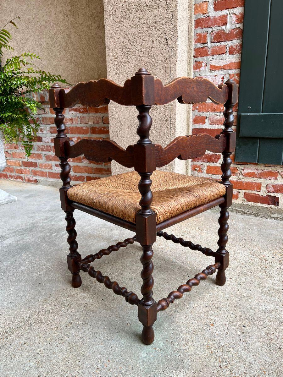 Antique English Carved Oak Barley Twist Corner Chair Rush Seat, c1900 1