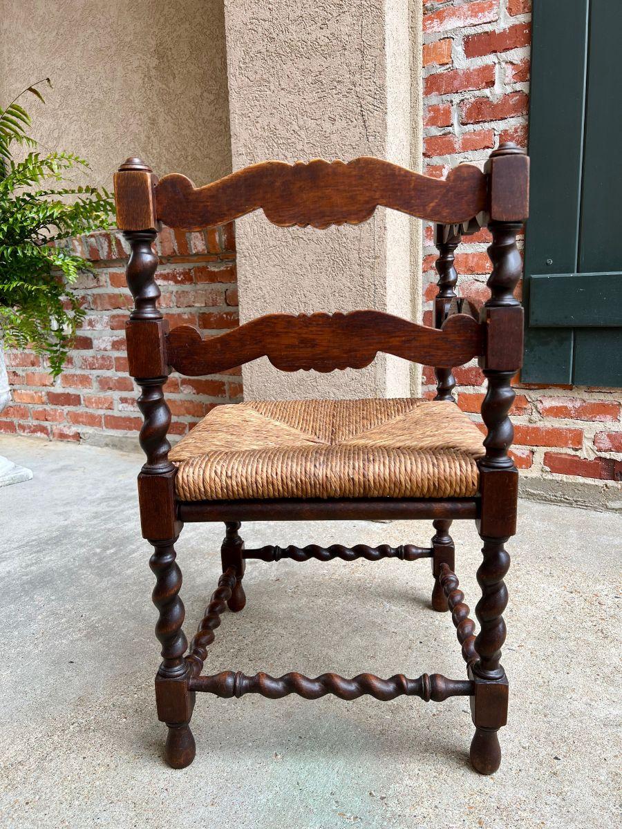 Antique English Carved Oak Barley Twist Corner Chair Rush Seat, c1900 2