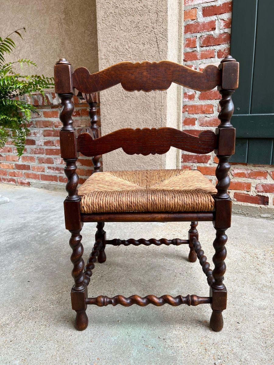 Antique English Carved Oak Barley Twist Corner Chair Rush Seat, c1900 3