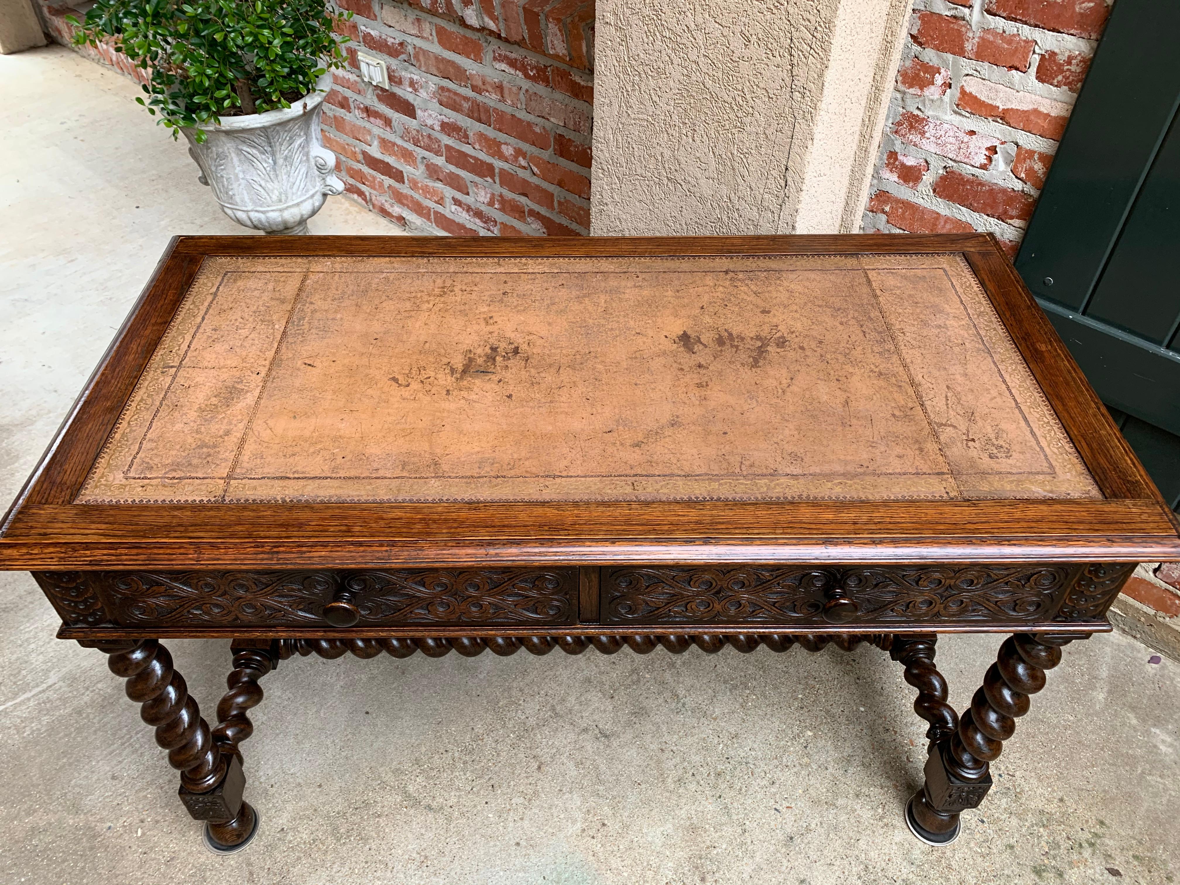 Antique English Carved Oak Barley Twist Library Desk Leather Top Hall Sofa Table 6