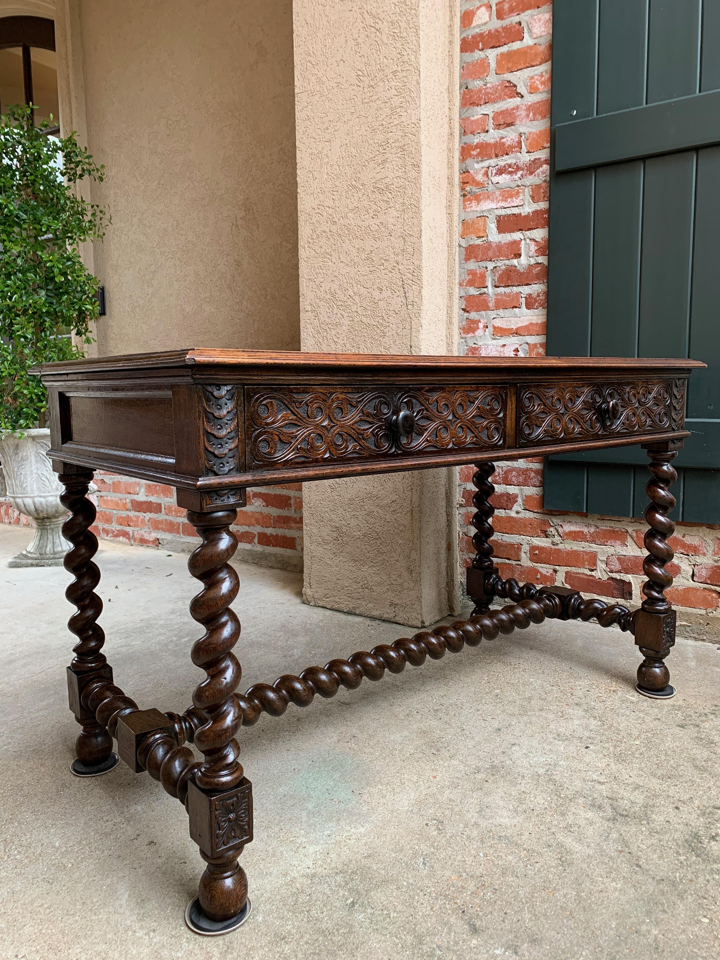 Jacobean Antique English Carved Oak Barley Twist Library Desk Leather Top Hall Sofa Table