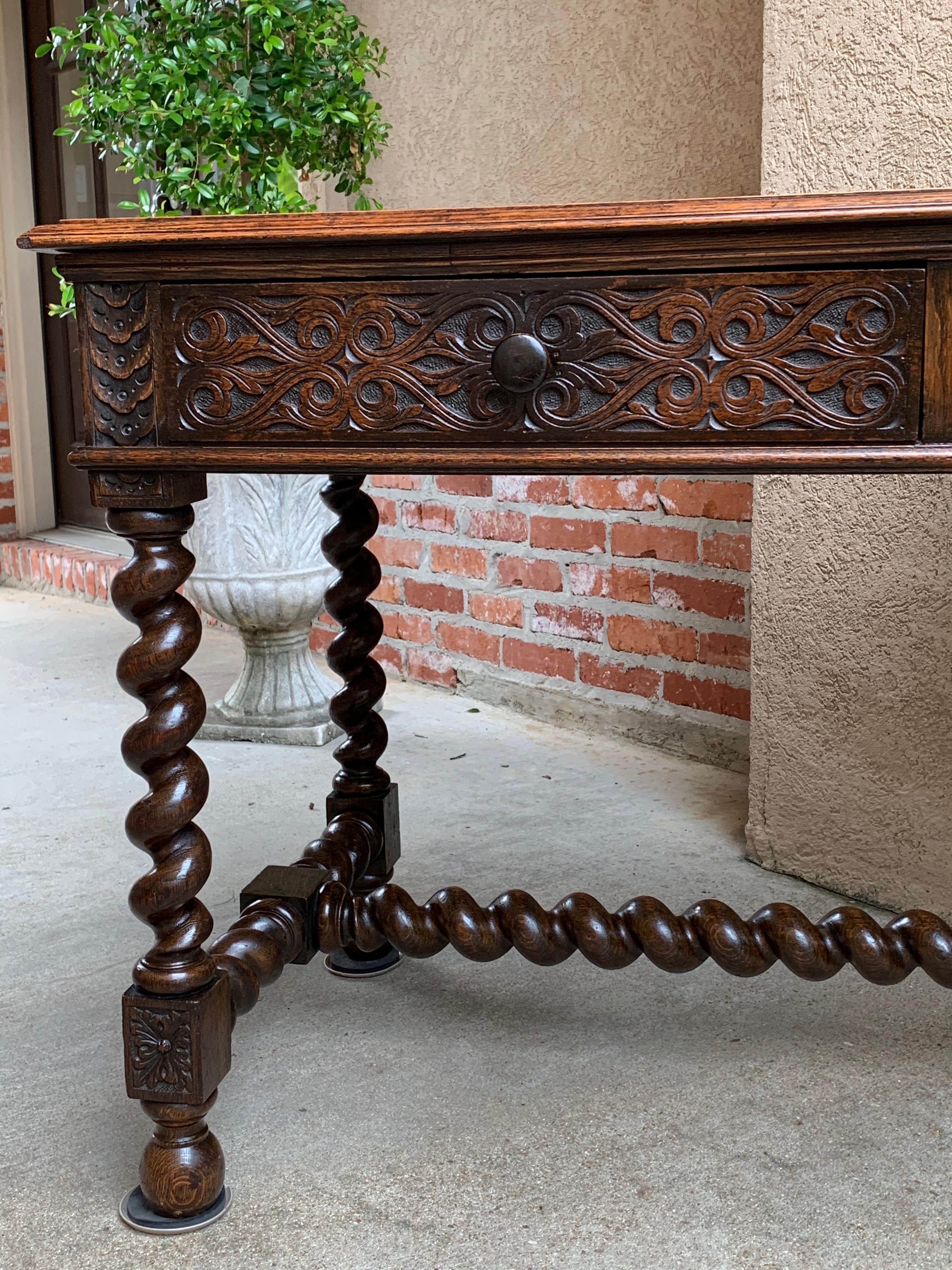 Antique English Carved Oak Barley Twist Library Desk Leather Top Hall Sofa Table 1