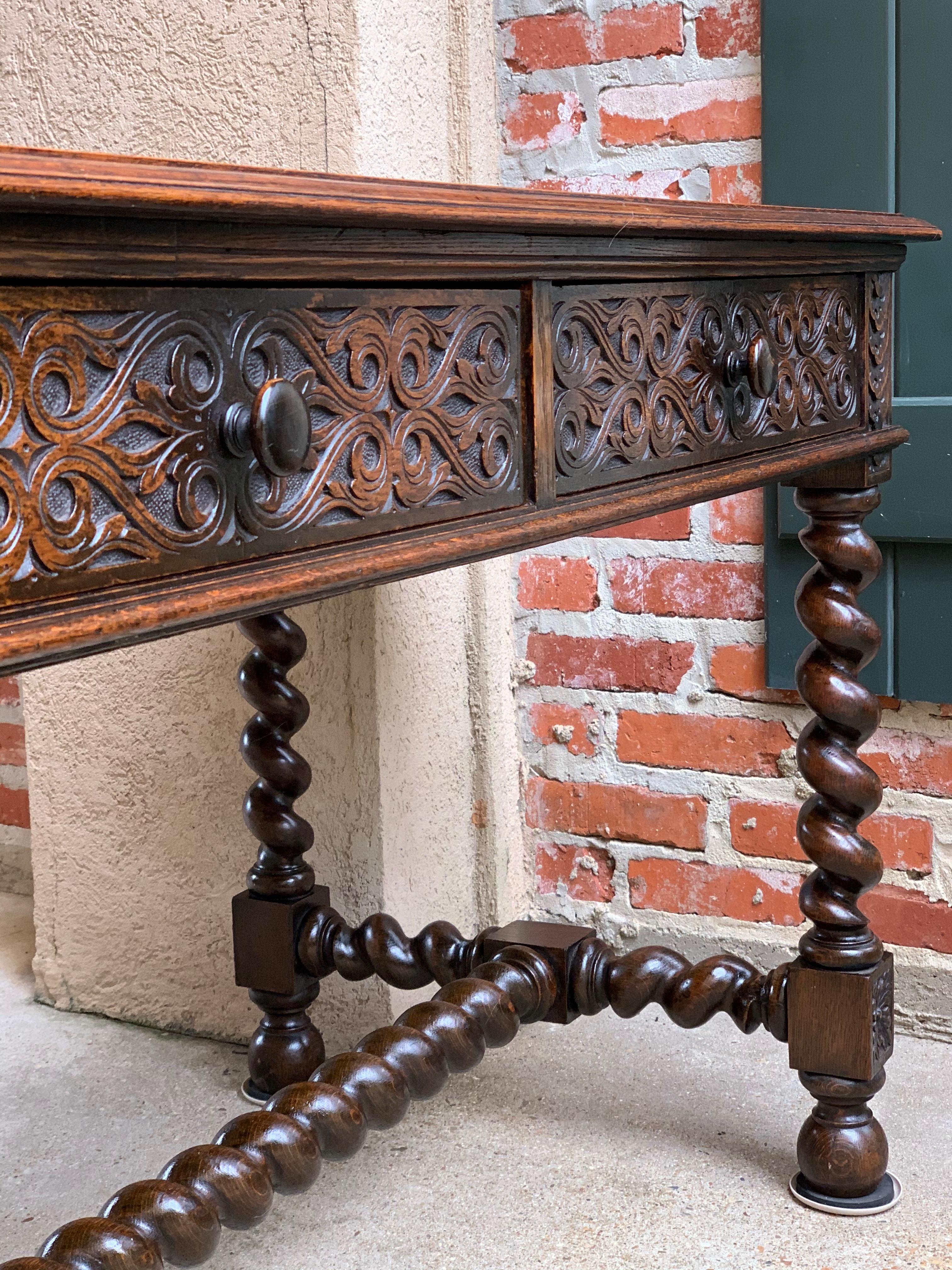 Antique English Carved Oak Barley Twist Library Desk Leather Top Hall Sofa Table 3
