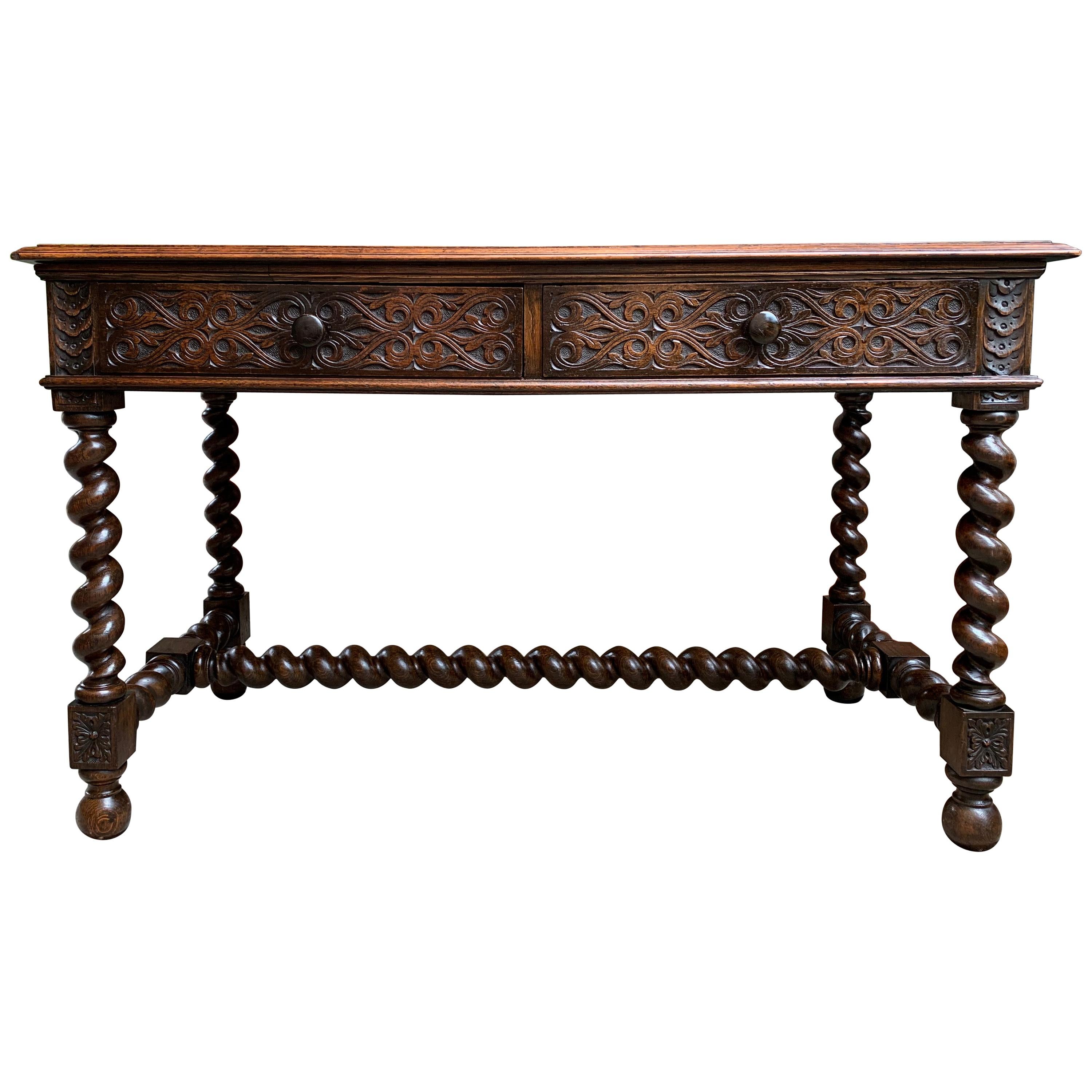 Antique English Carved Oak Barley Twist Library Desk Leather Top Hall Sofa Table