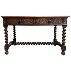 Antique English Carved Oak Barley Twist Library Desk Leather Top Hall Sofa Table