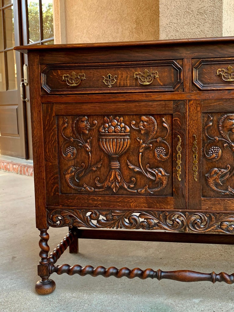 Antique English Carved Oak Barley Twist Sideboard Buffet
