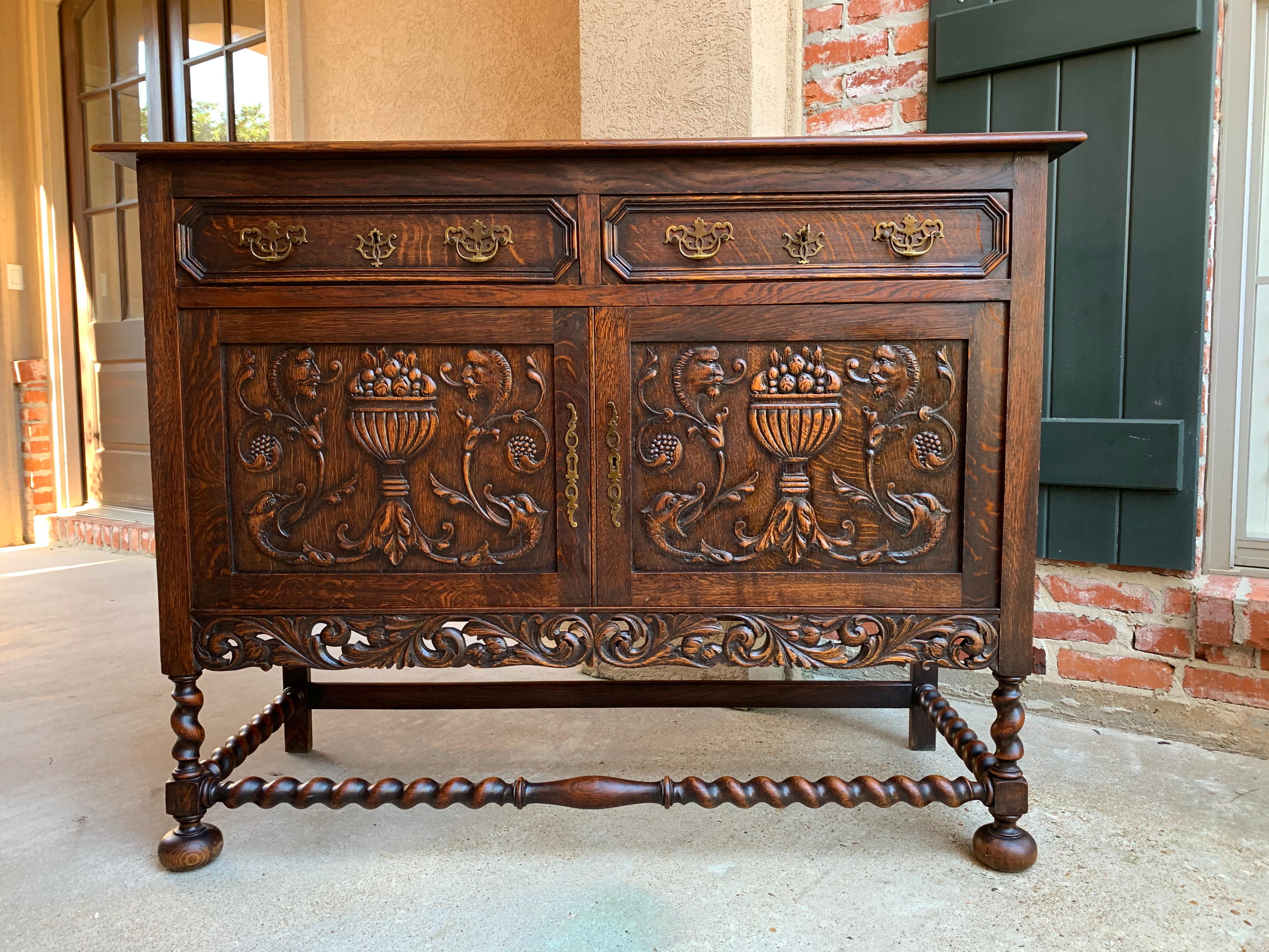 Antique English Carved Oak Barley Twist Sideboard Buffet Cabinet Jacobean Style In Good Condition In Shreveport, LA