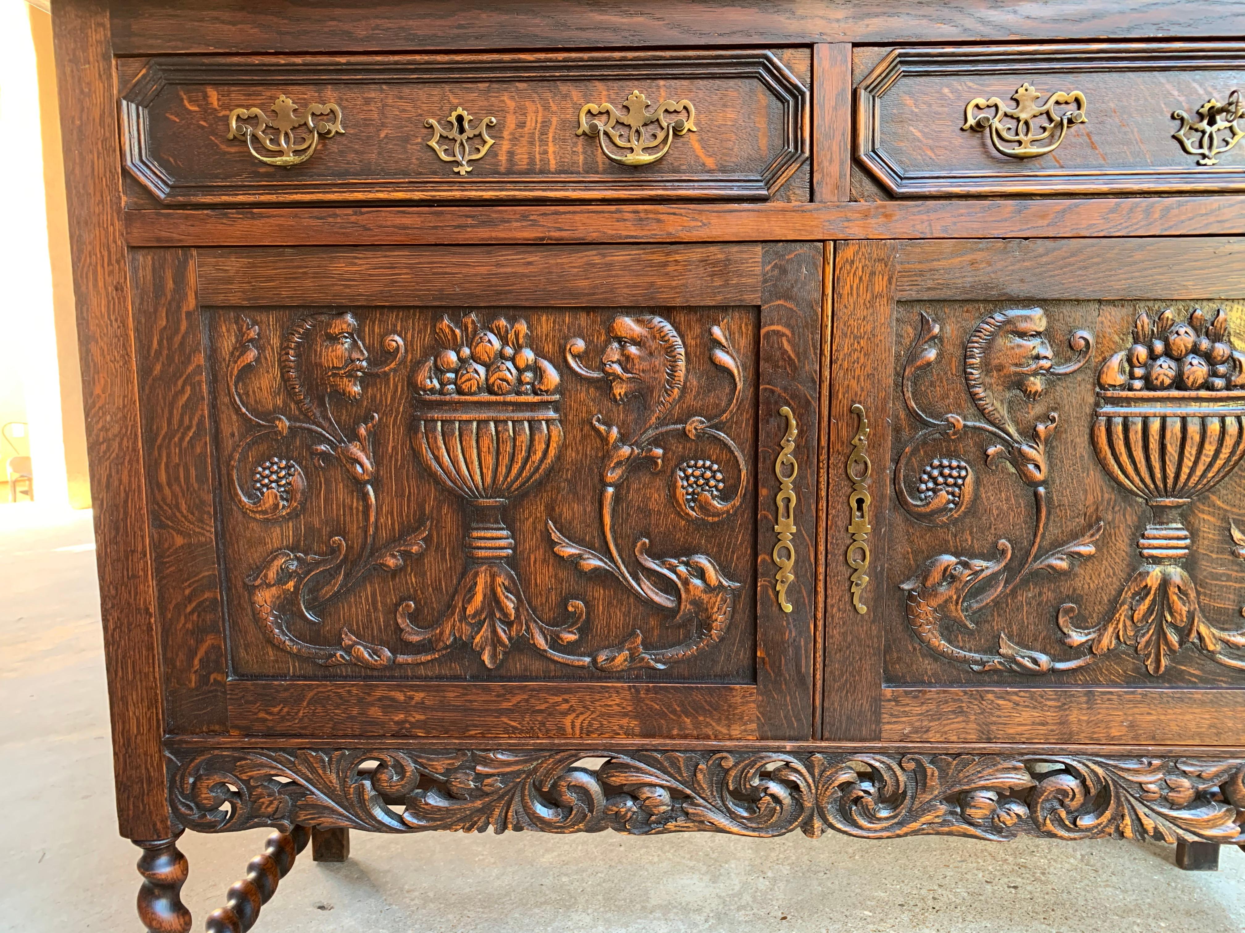 Early 20th Century Antique English Carved Oak Barley Twist Sideboard Buffet Cabinet Jacobean Style