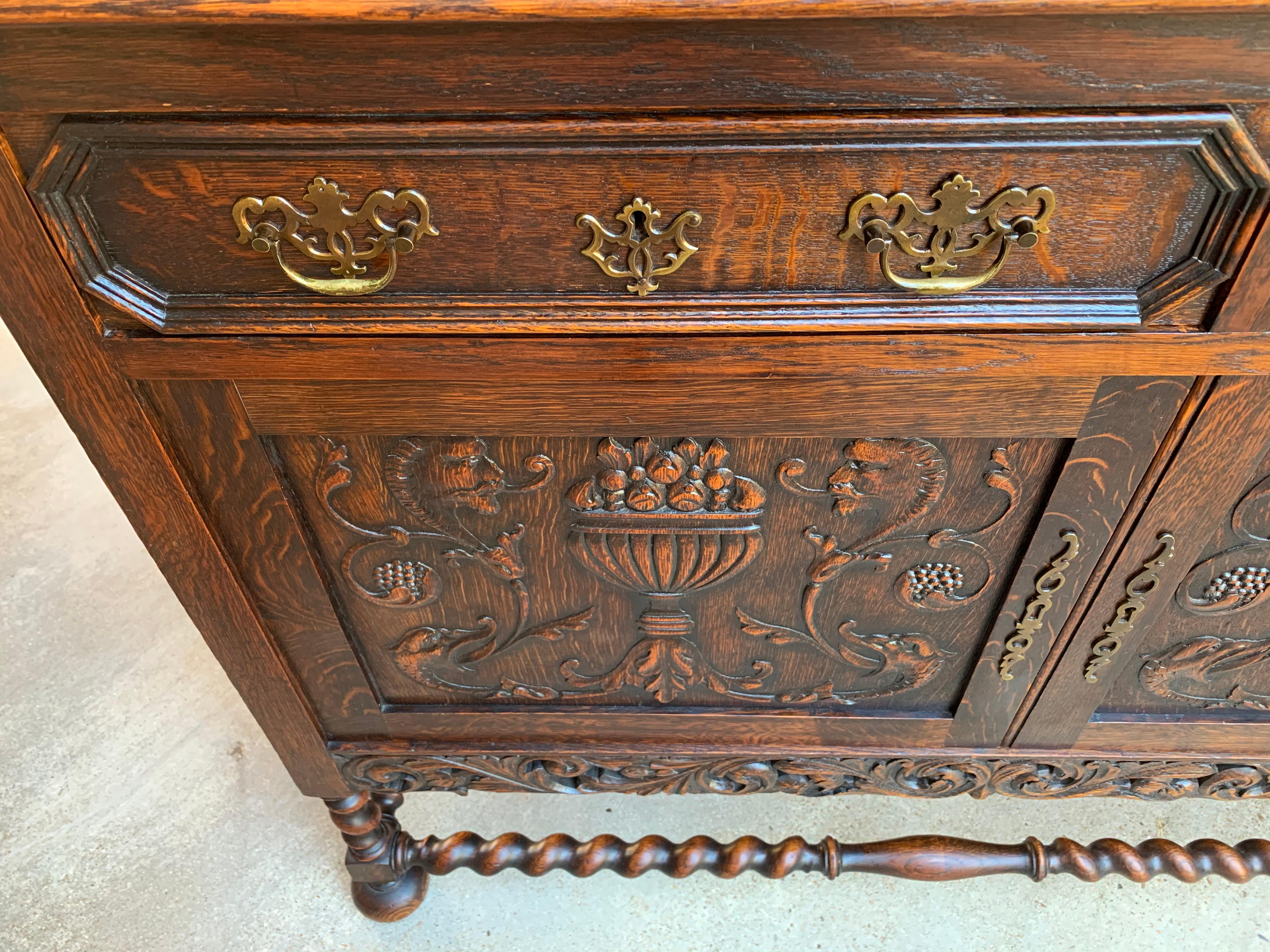 Antique English Carved Oak Barley Twist Sideboard Buffet Cabinet Jacobean Style 1