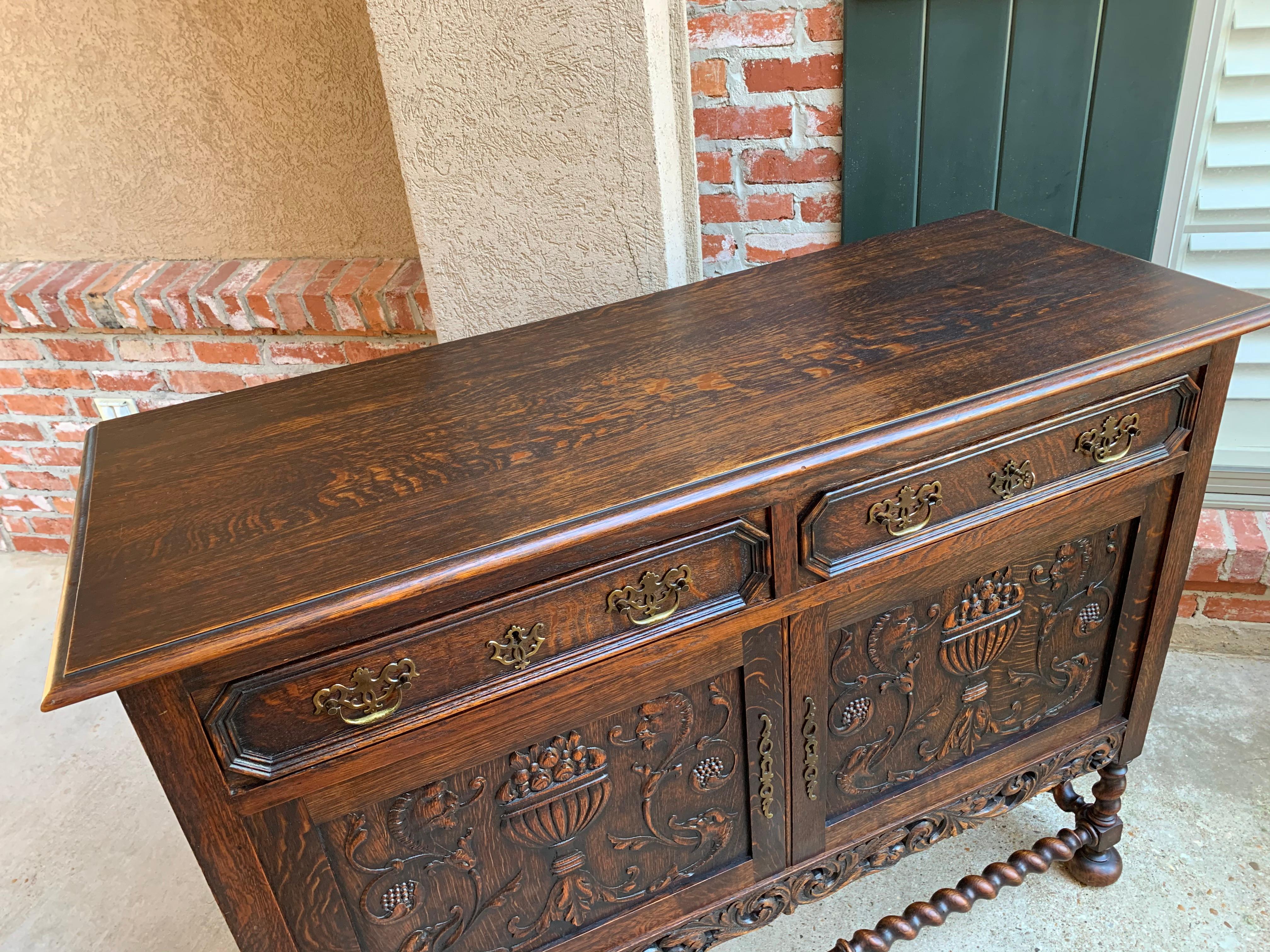 Antique English Carved Oak Barley Twist Sideboard Buffet Cabinet Jacobean Style 2