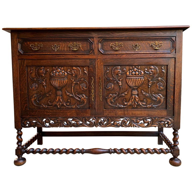 Antique English Carved Oak Barley Twist Sideboard Buffet
