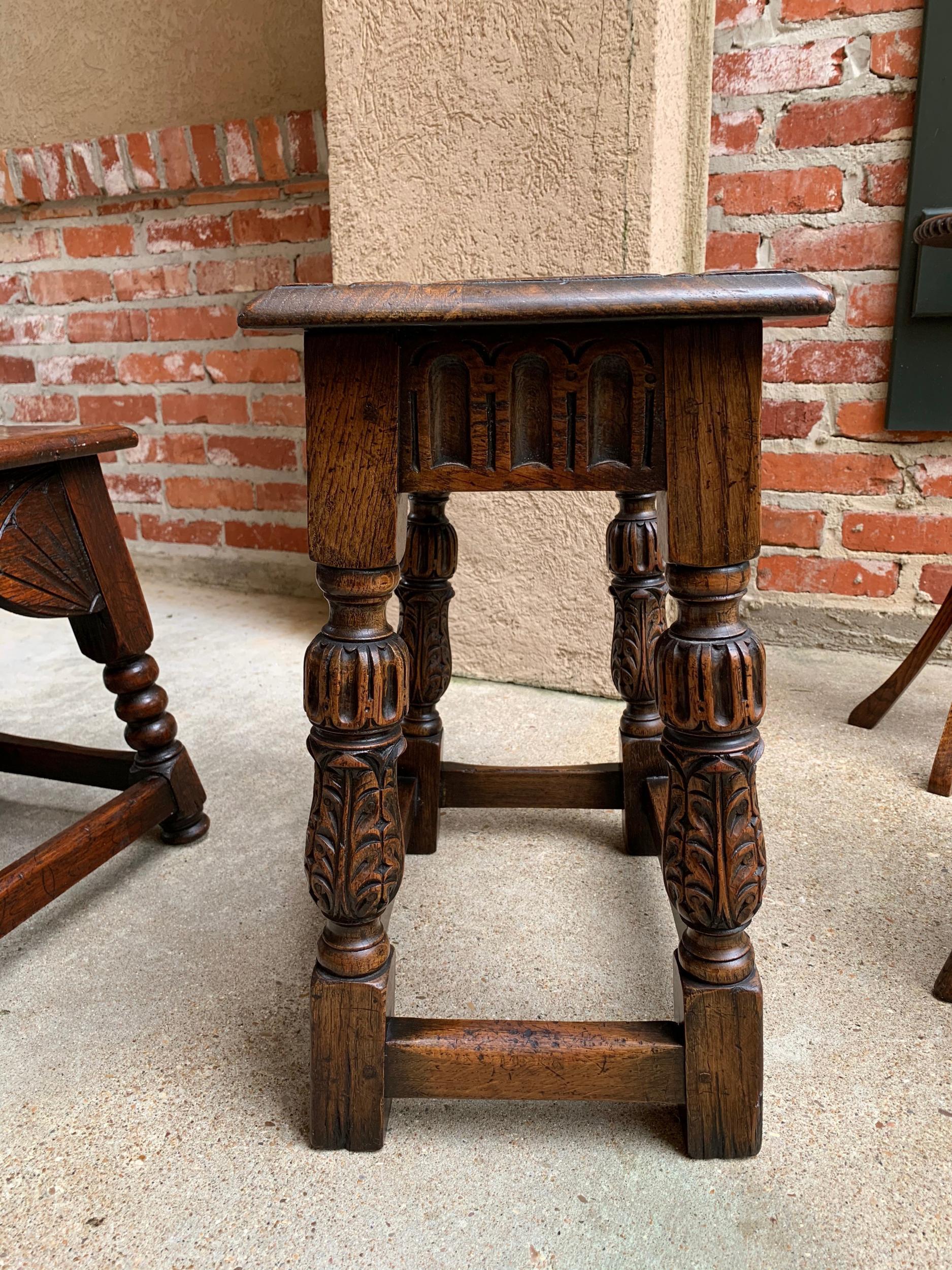 Antique English Carved Oak Bench Stool End Table Jacobean Joint Style 5