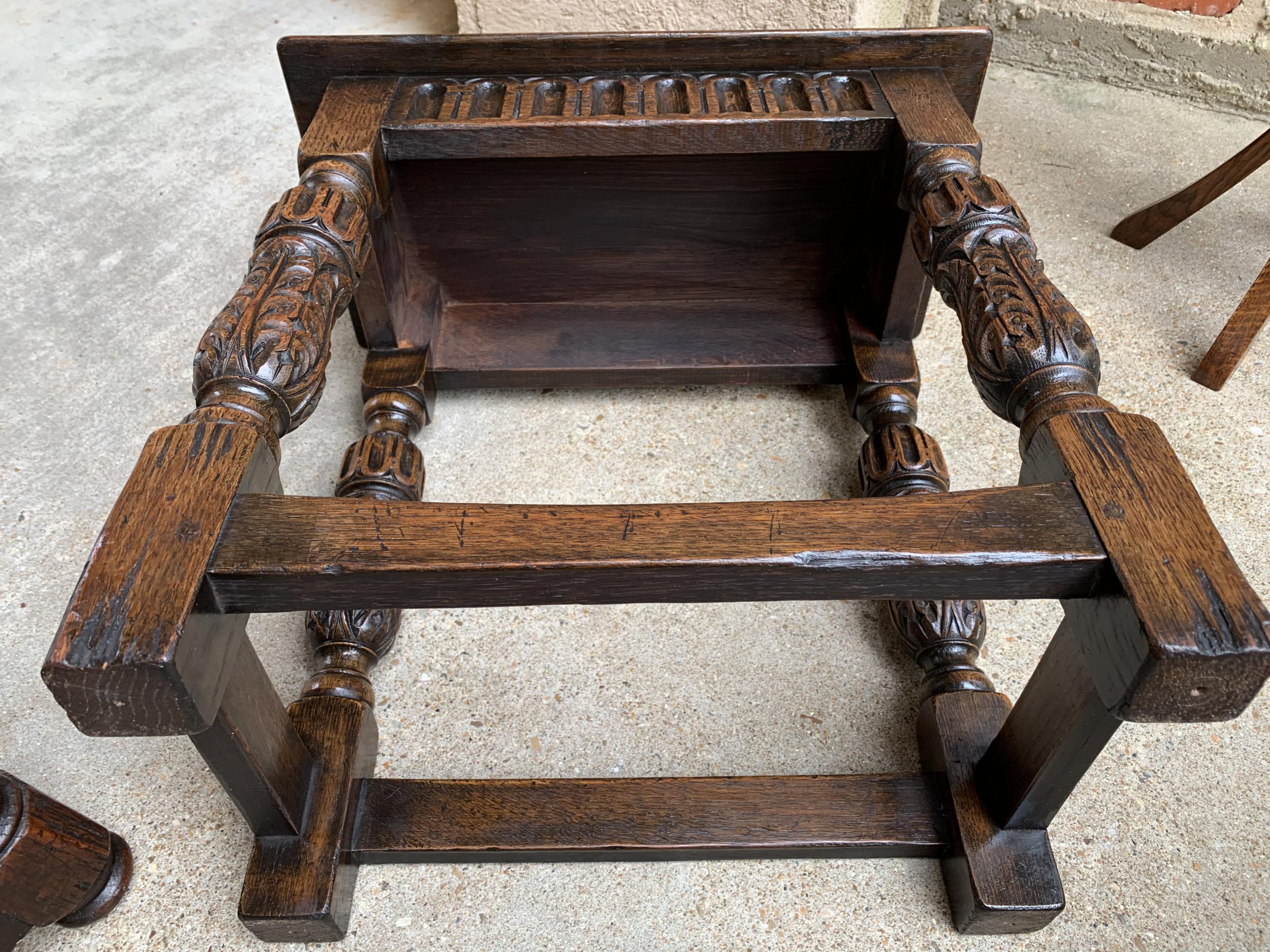 Antique English Carved Oak Bench Stool End Table Jacobean Joint Style 6