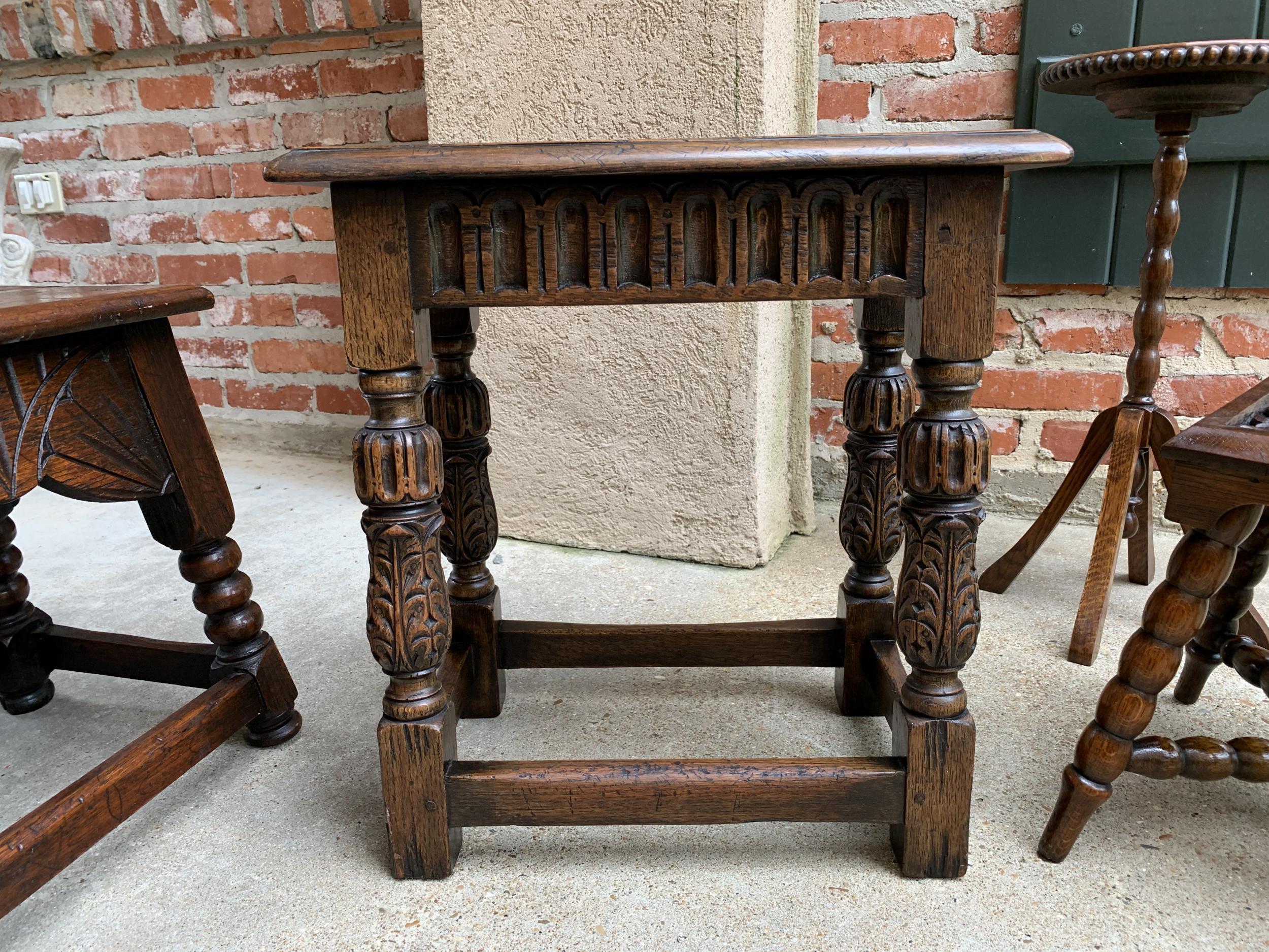 Antique English Carved Oak Bench Stool End Table Jacobean Joint Style 9