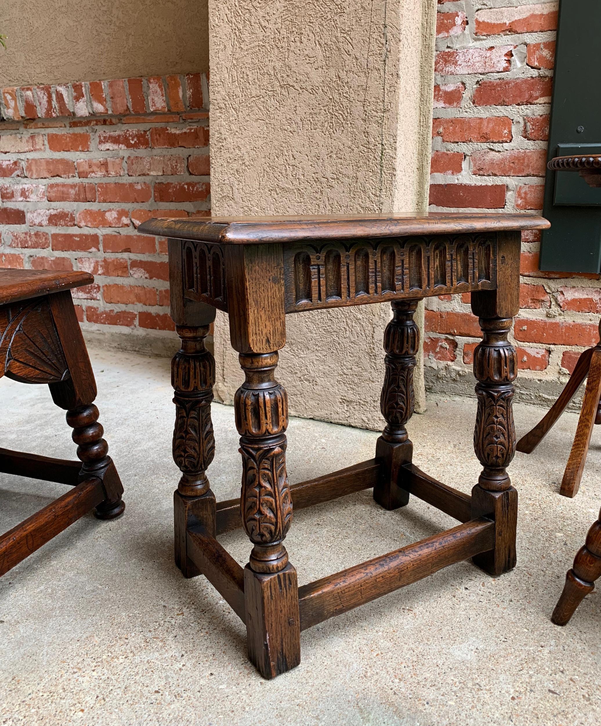 Antique English carved oak bench stool end table Jacobean joint style

~Direct from England~
~One of several outstanding small carved antique English benches/stools from our latest container!~
~This one is an English “classic”, in the style of a