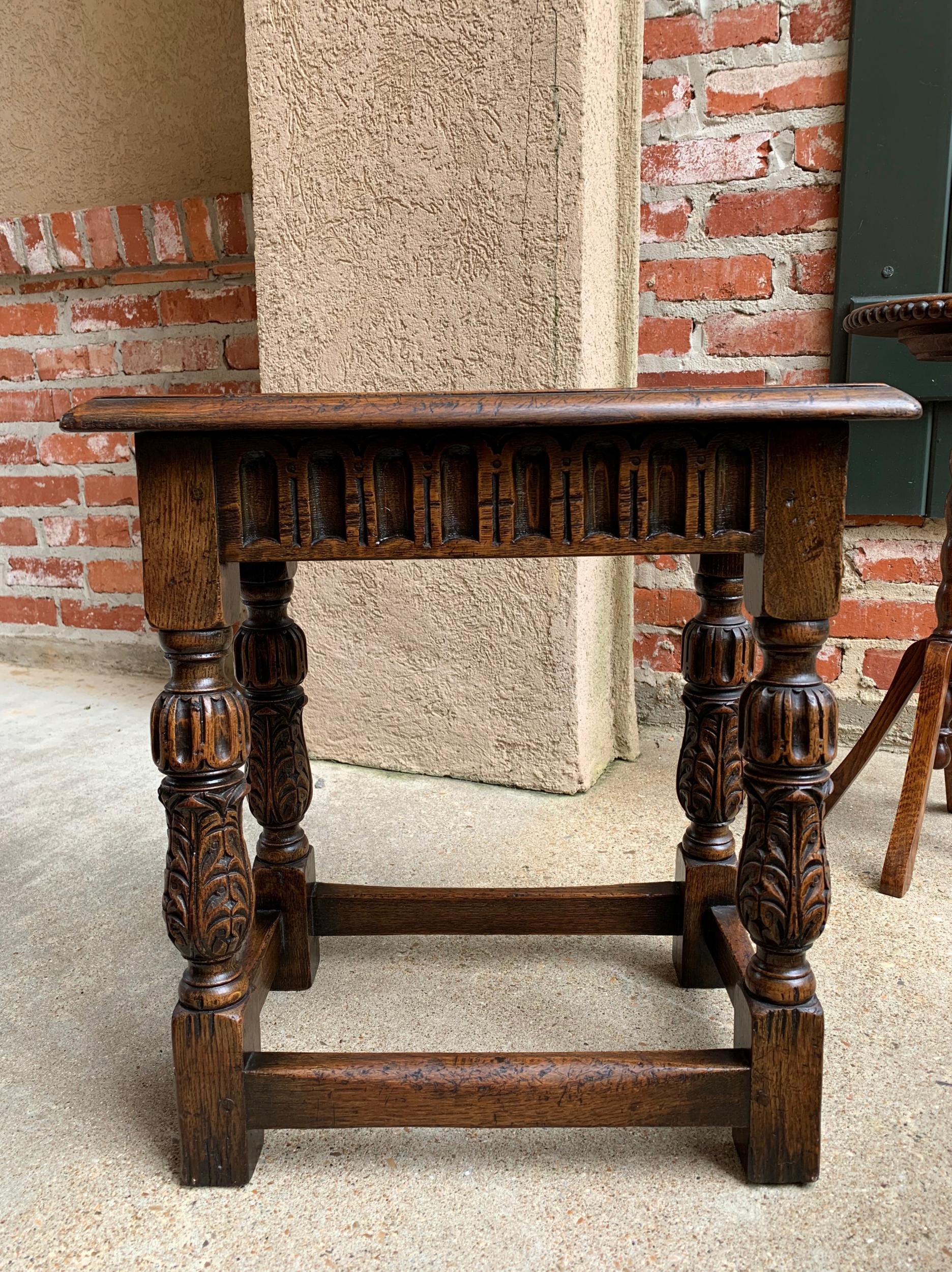 British Antique English Carved Oak Bench Stool End Table Jacobean Joint Style