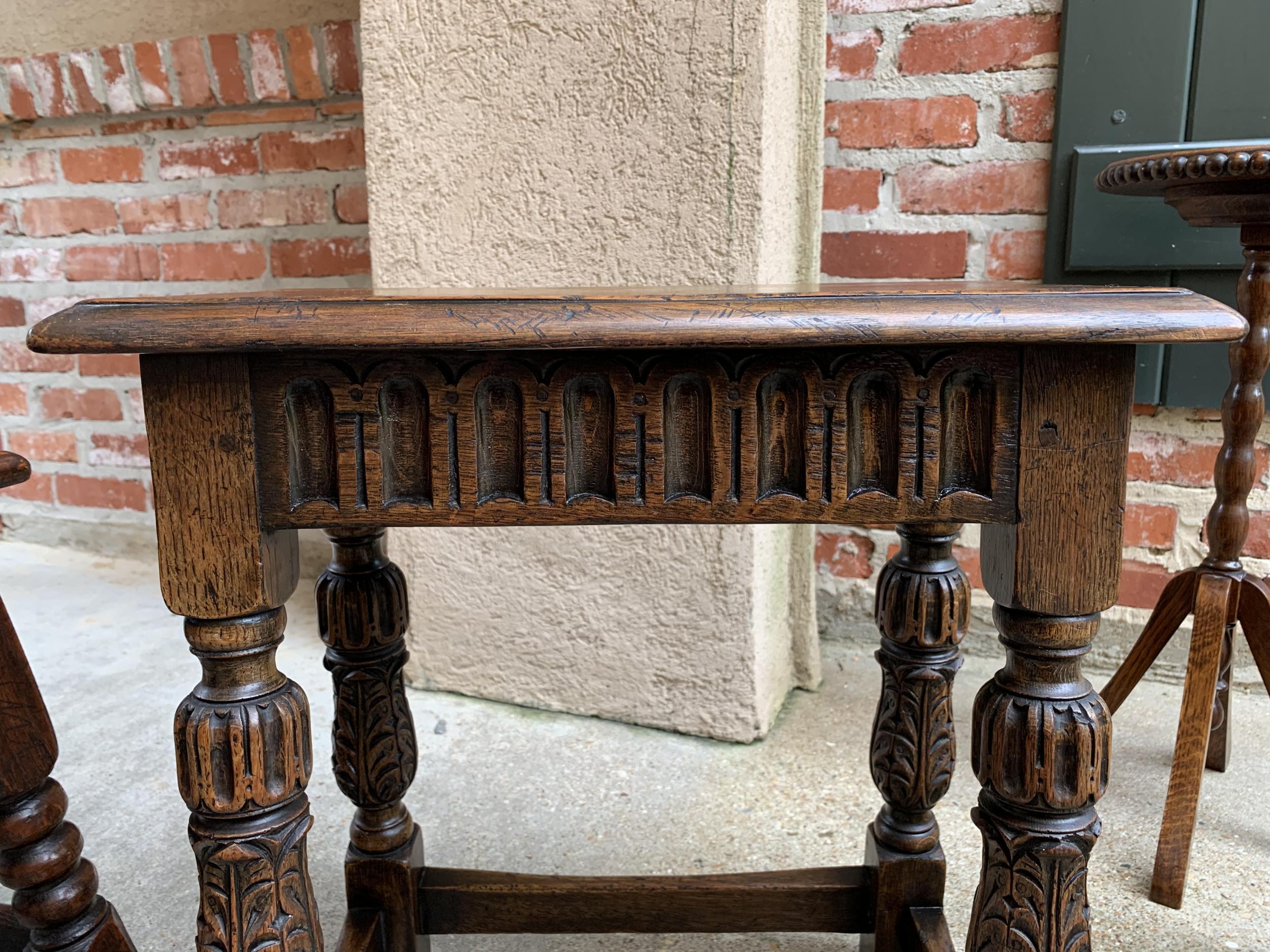 Mid-20th Century Antique English Carved Oak Bench Stool End Table Jacobean Joint Style
