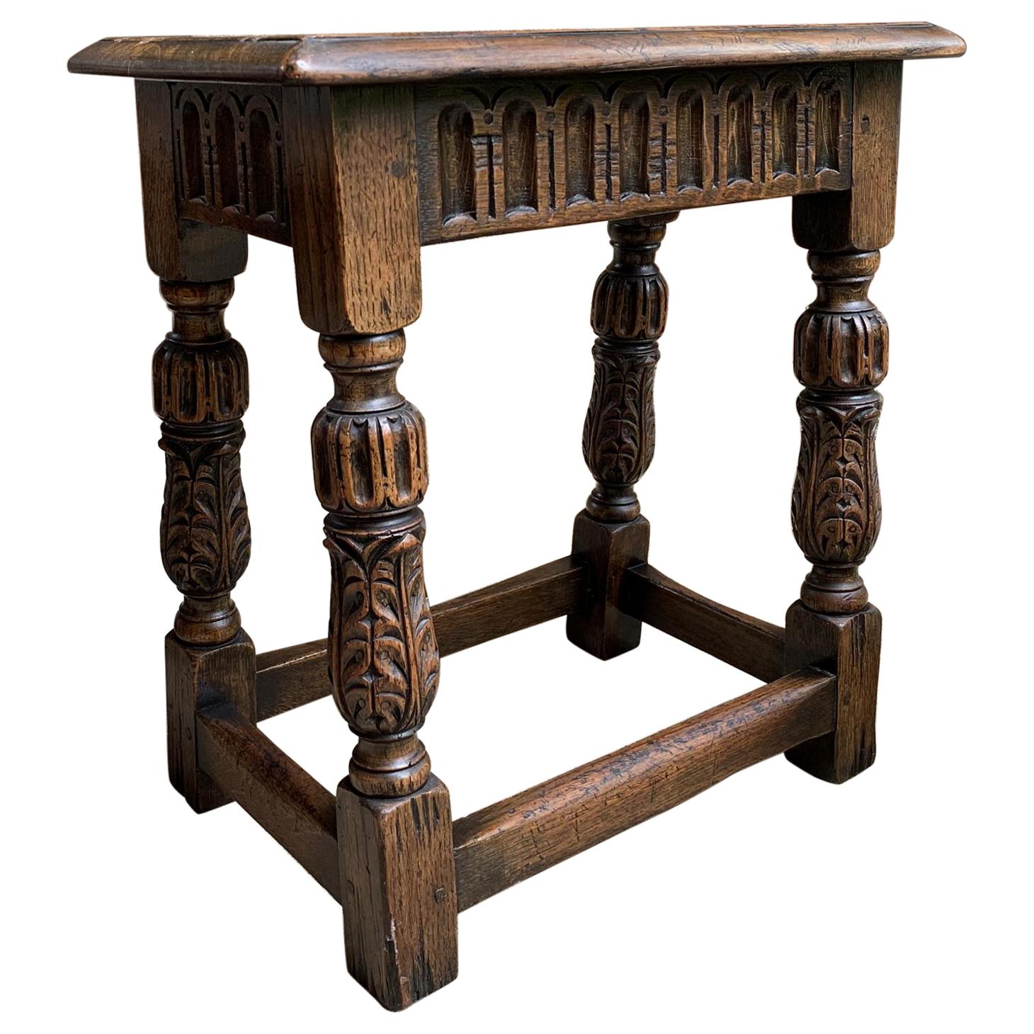 Antique English Carved Oak Bench Stool End Table Jacobean Joint Style