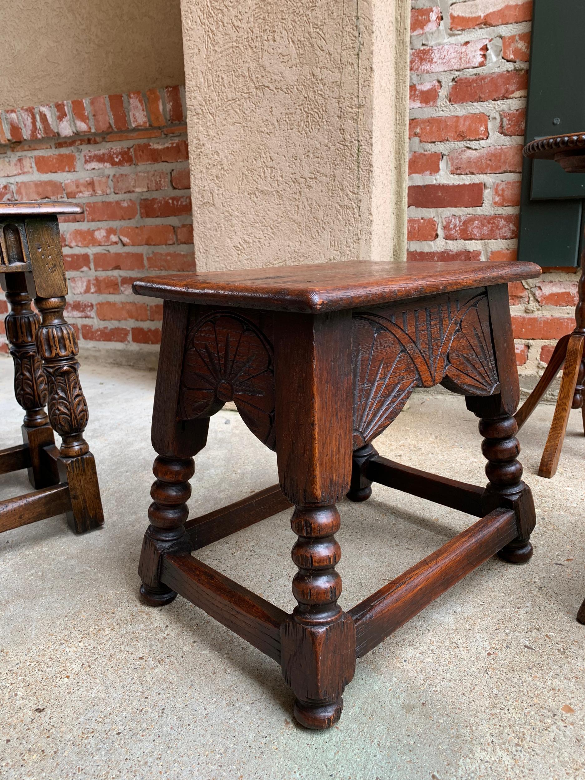 Antique English Carved Oak Bench Stool End Table Jacobean Joint Style Stand 7