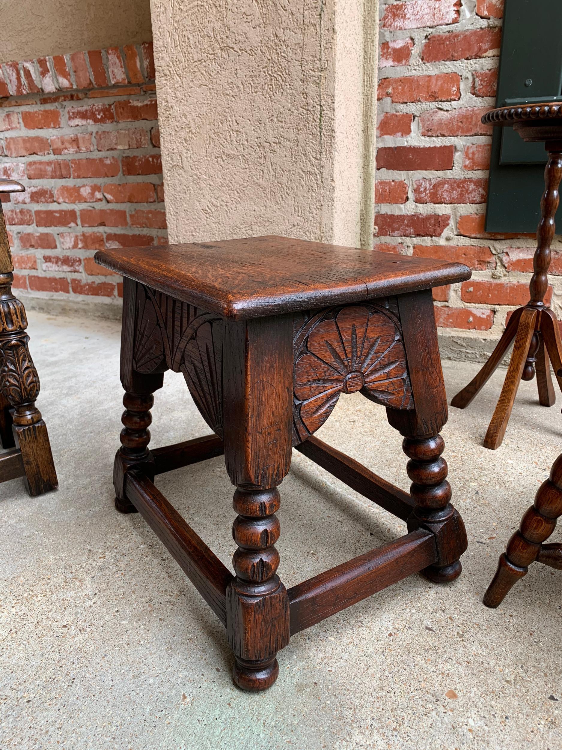Antique English Carved Oak Bench Stool End Table Jacobean Joint Style Stand 8