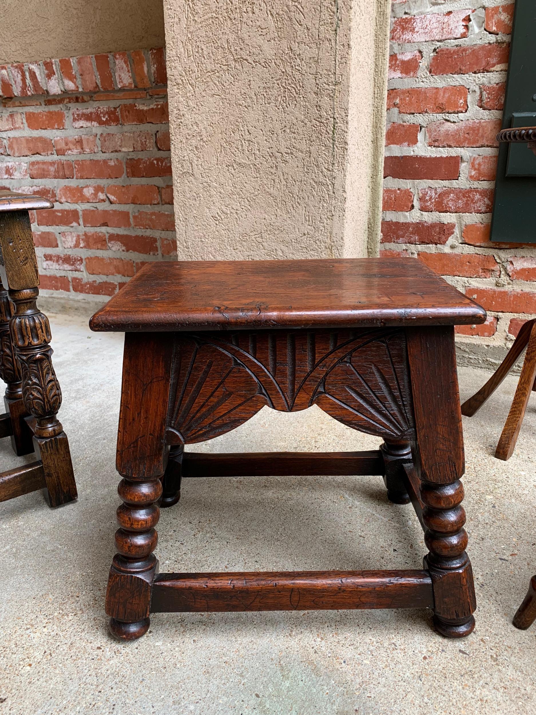 Antique English Carved Oak Bench Stool End Table Jacobean Joint Style Stand 10
