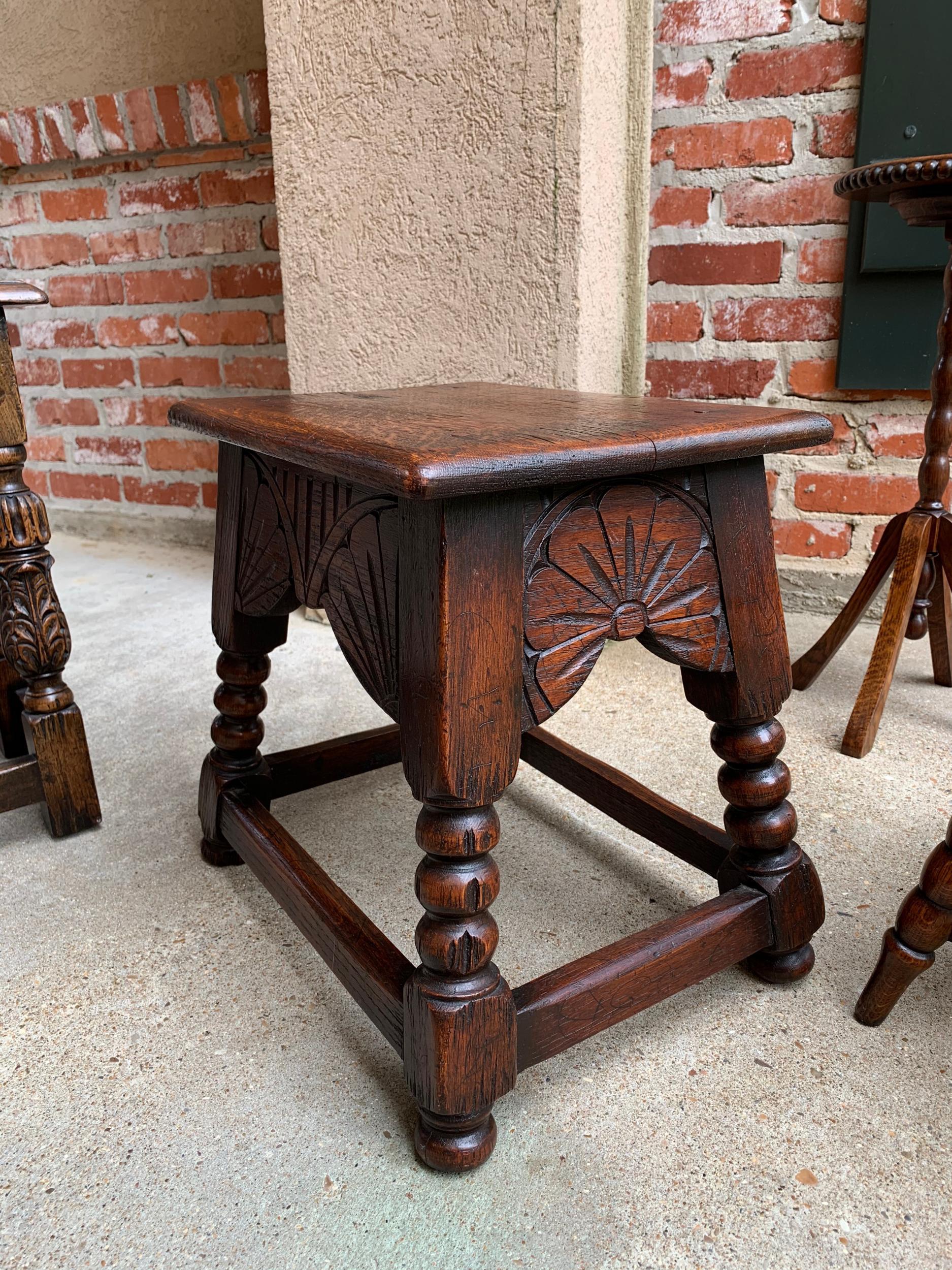 Antique English Carved Oak Bench Stool End Table Jacobean Joint Style Stand 11