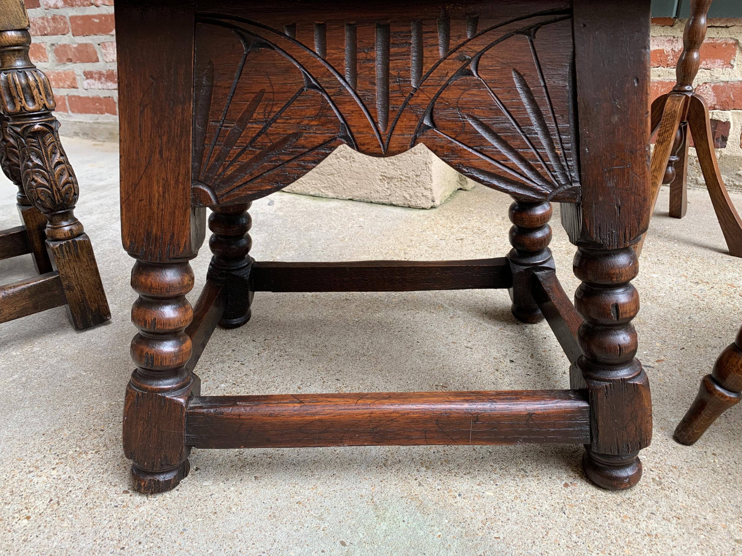 Antique English Carved Oak Bench Stool End Table Jacobean Joint Style Stand 14