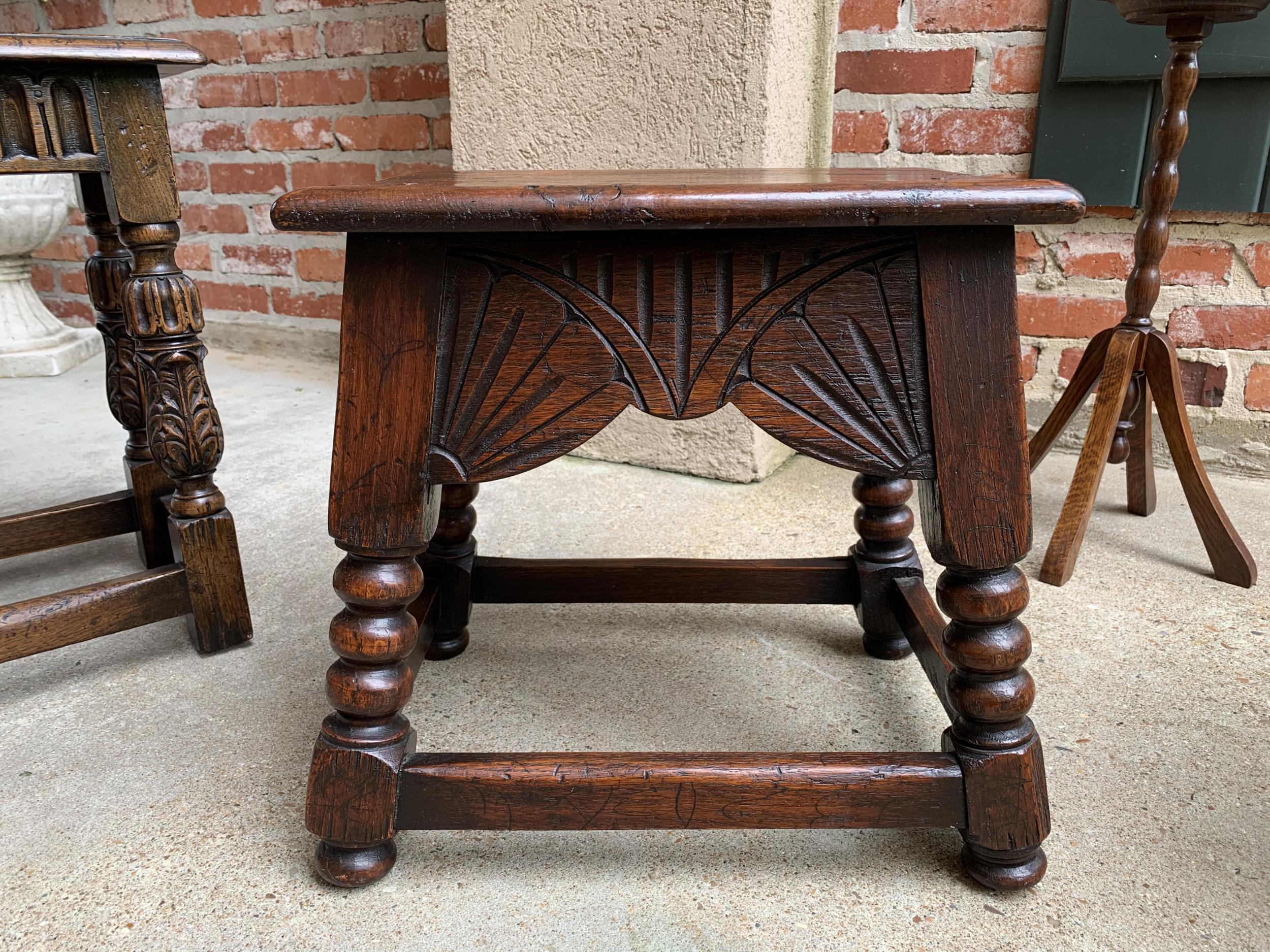 British Antique English Carved Oak Bench Stool End Table Jacobean Joint Style Stand