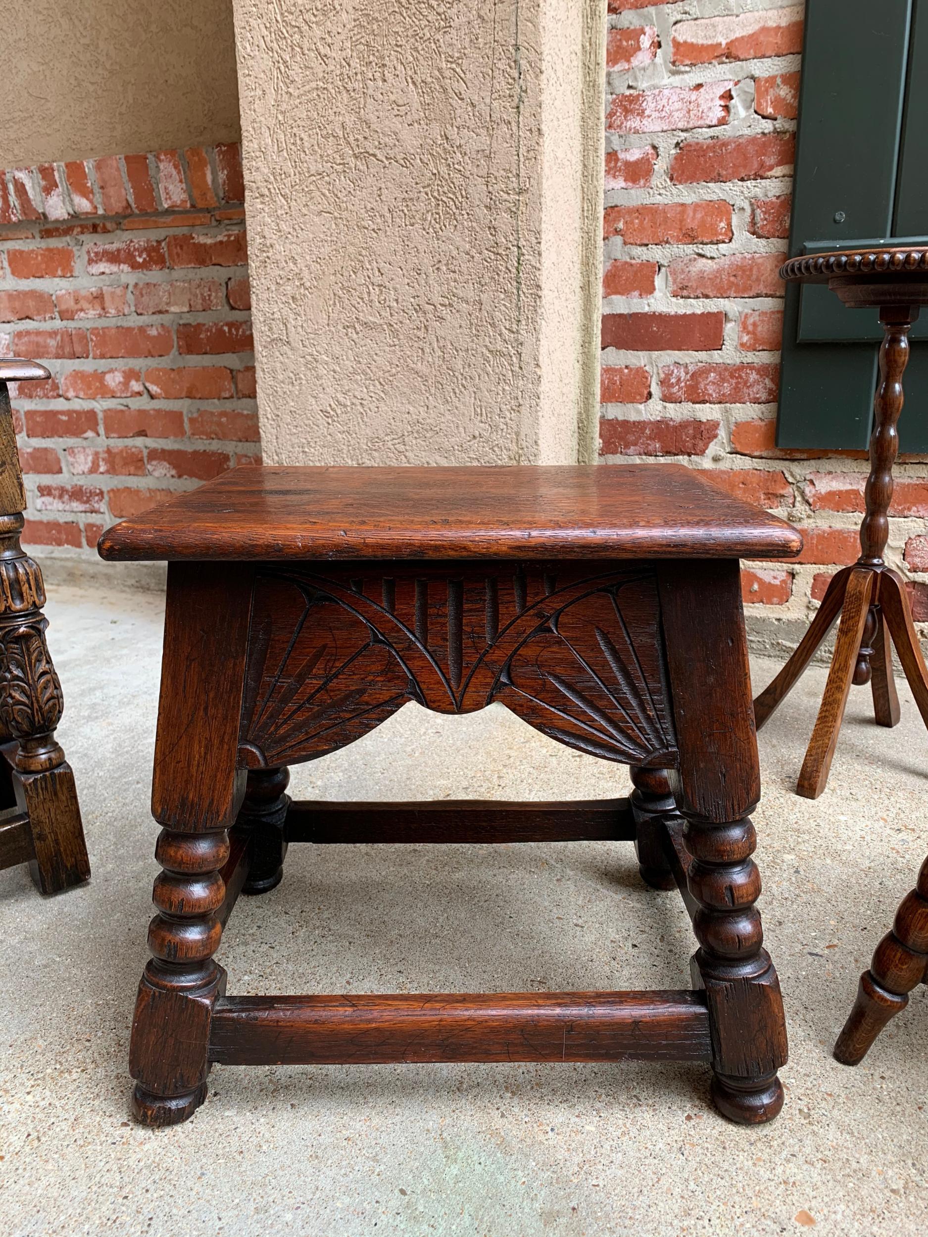 Hand-Carved Antique English Carved Oak Bench Stool End Table Jacobean Joint Style Stand