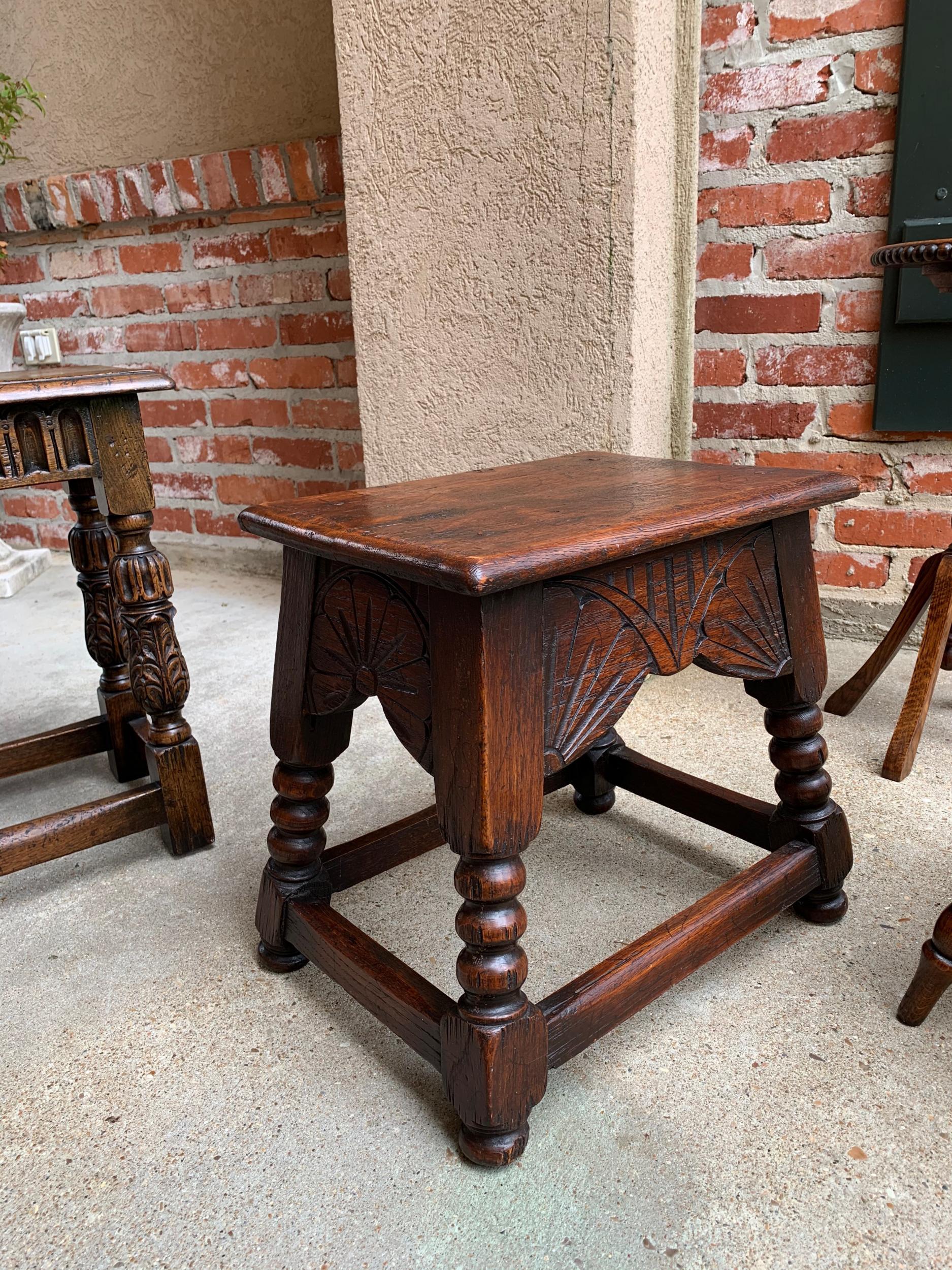 20th Century Antique English Carved Oak Bench Stool End Table Jacobean Joint Style Stand