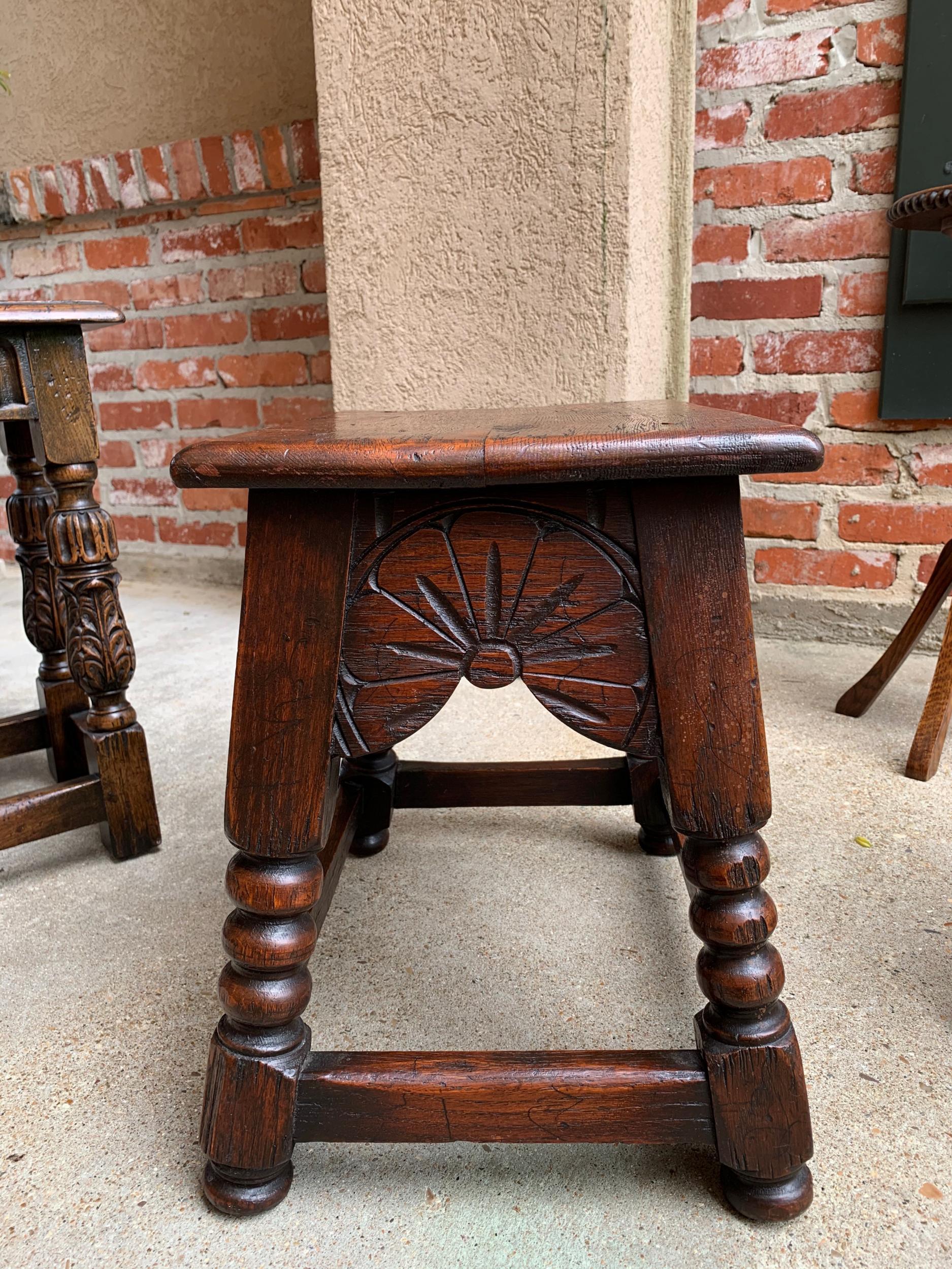 Antique English Carved Oak Bench Stool End Table Jacobean Joint Style Stand 1