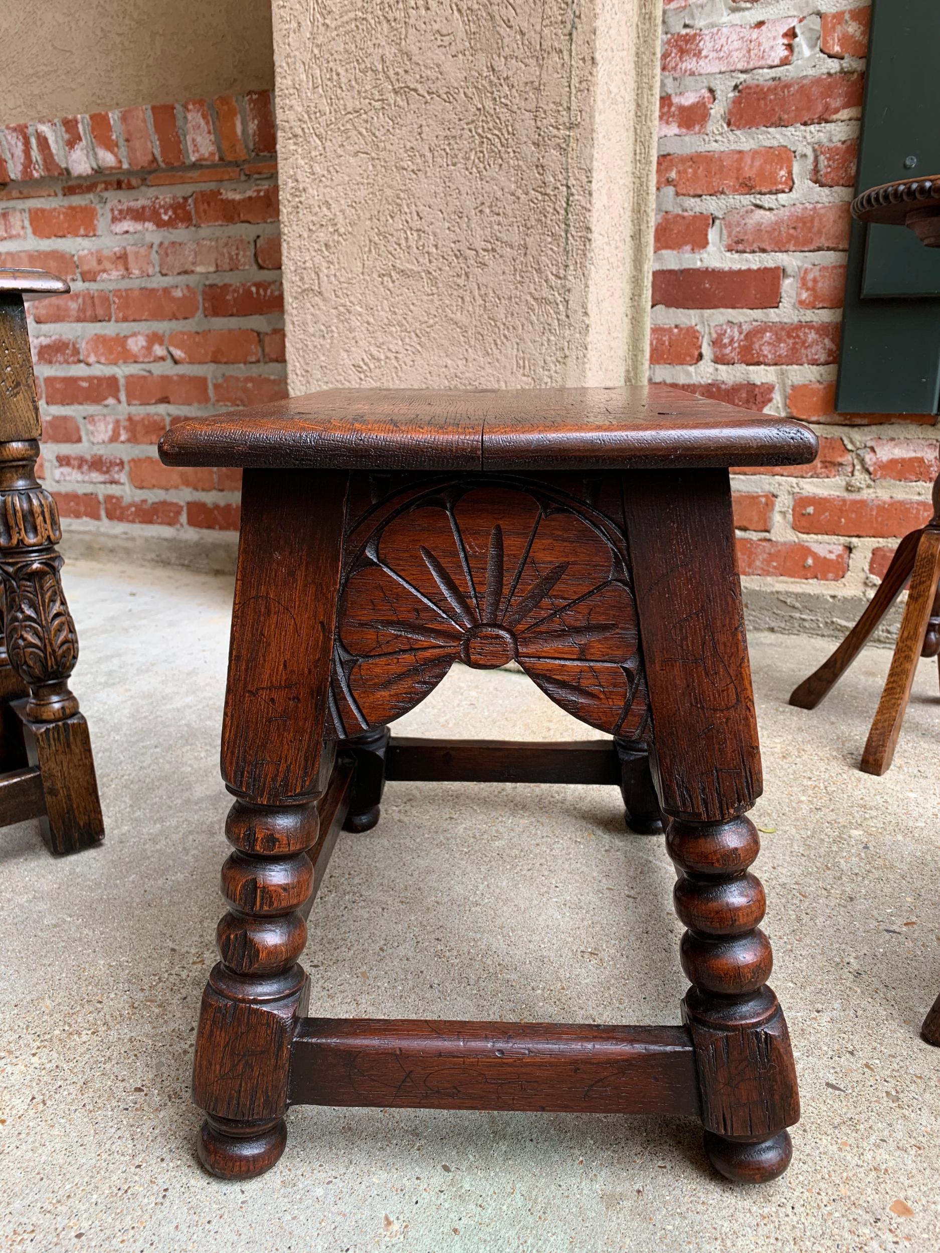 Antique English Carved Oak Bench Stool End Table Jacobean Joint Style Stand 2